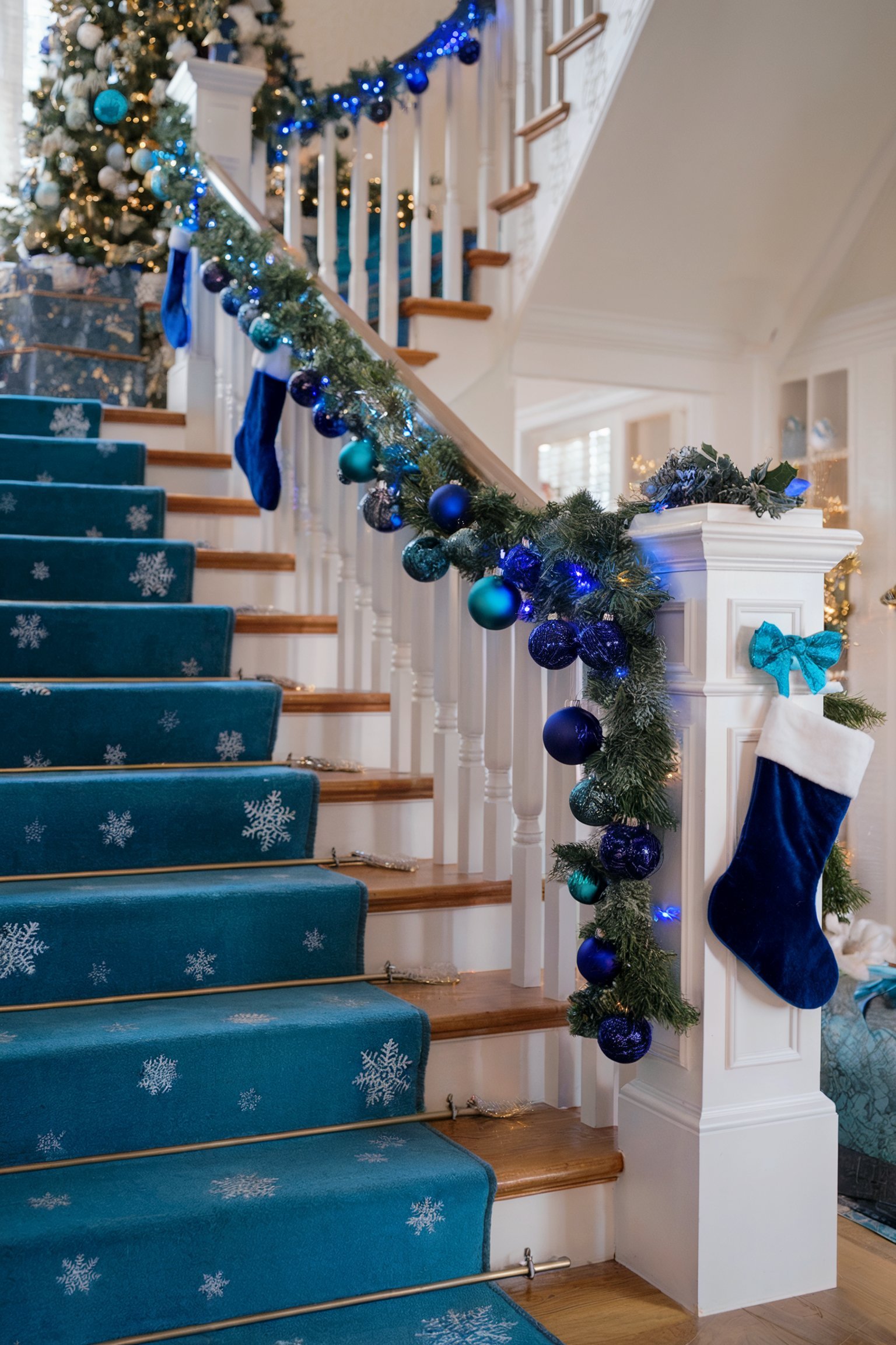 Staircase with pine garland, blue ornaments, stockings, and a snowflake-patterned carpet