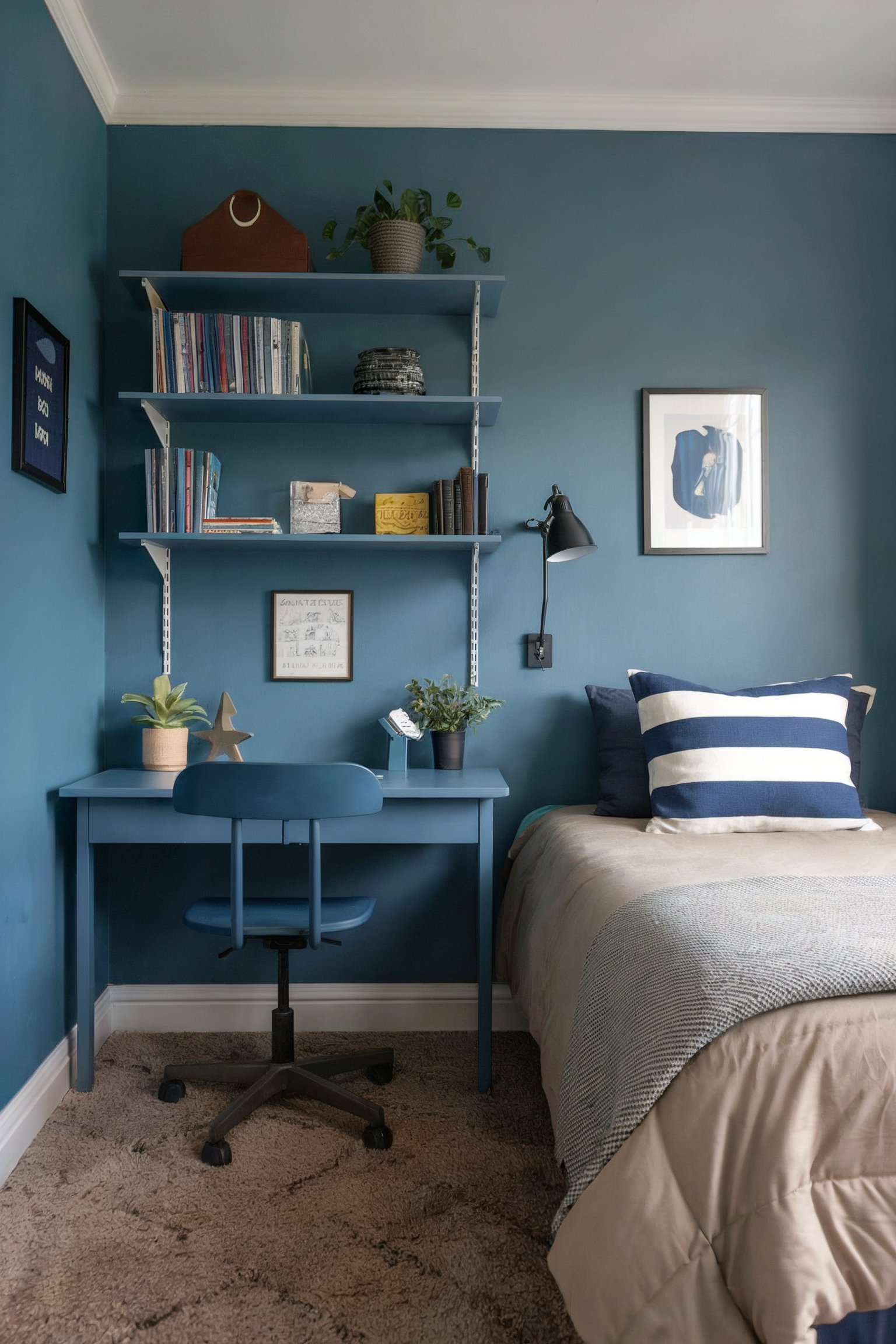 A compact blue bedroom with a matching desk, floating shelves, and a twin bed adorned with a striped pillow