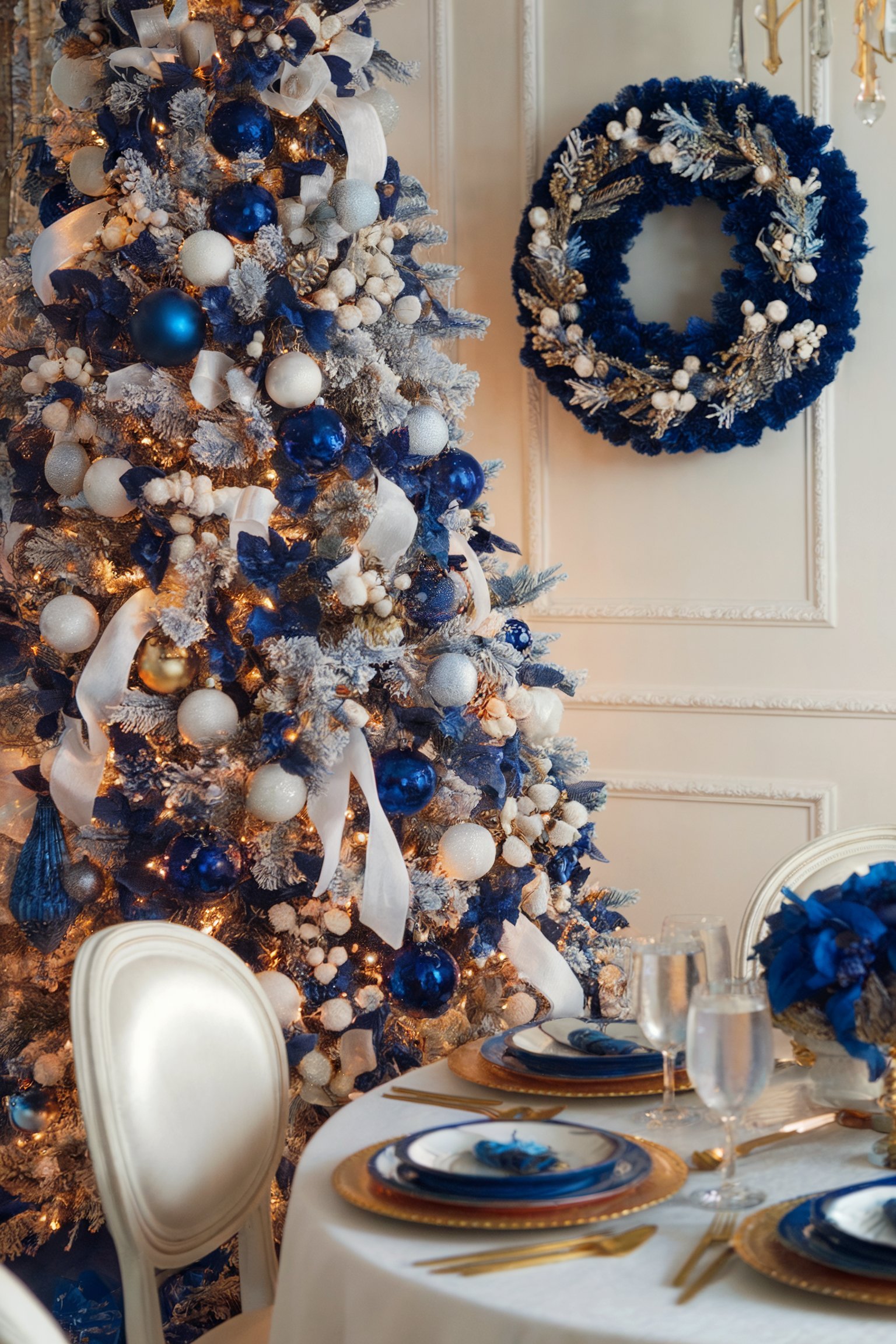 Christmas tree with blue and white ornaments, matching wreath, and blue-themed dining table
