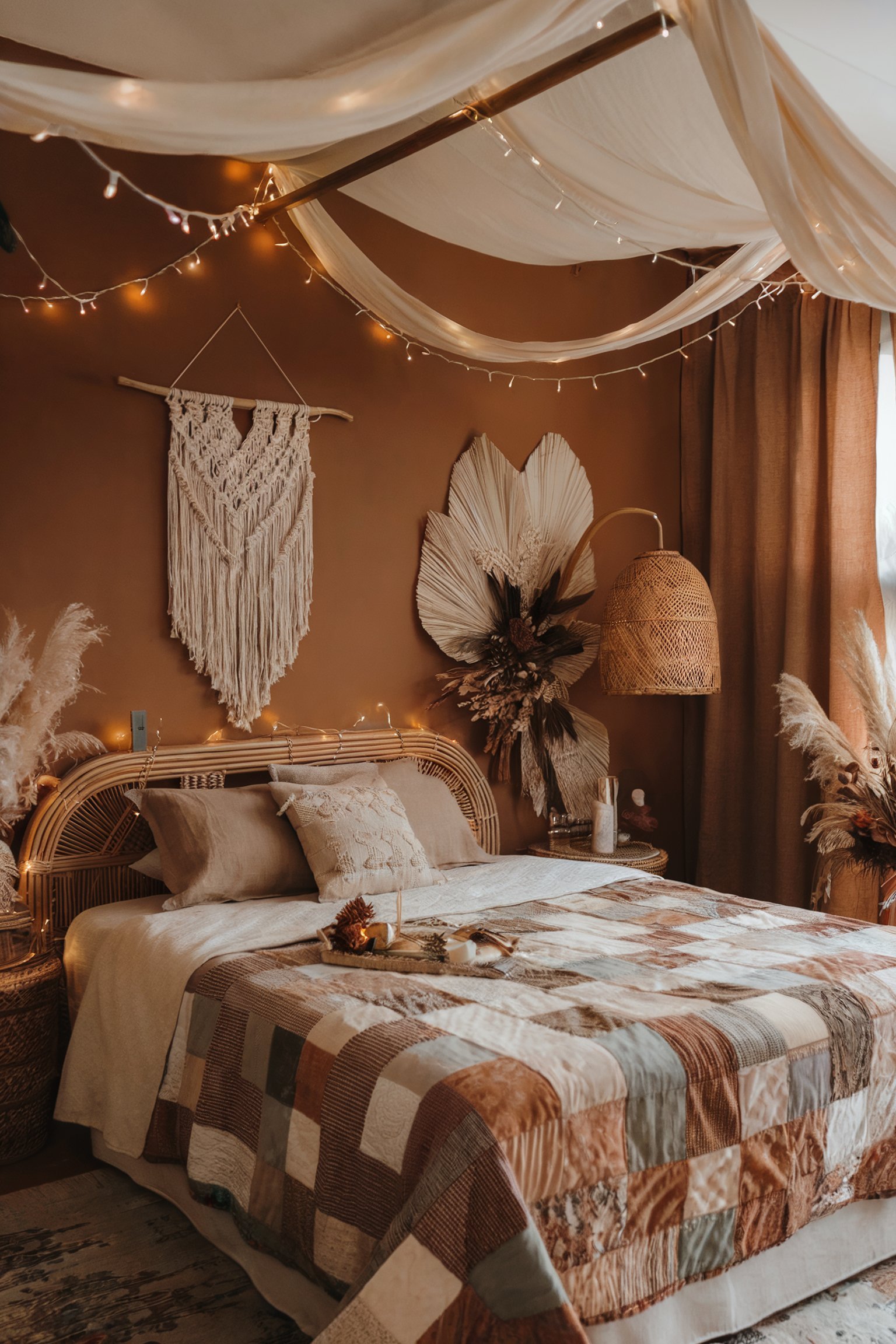 A cozy bohemian-style bedroom with warm earthy tones, a draped canopy, string lights, and a quilted patchwork bedspread