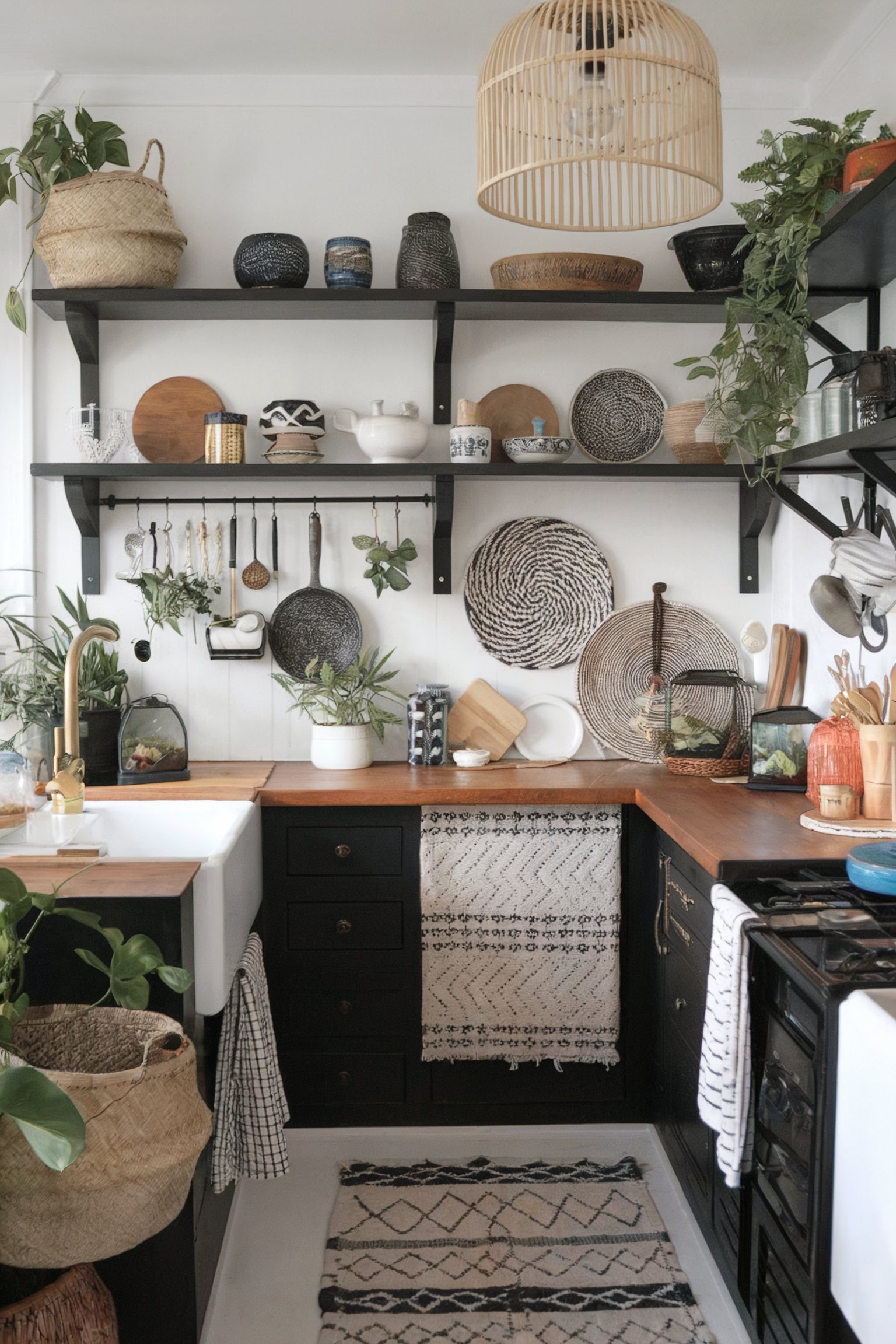 A cozy kitchen with black cabinets, wooden countertops, and open shelving displaying woven baskets and plants