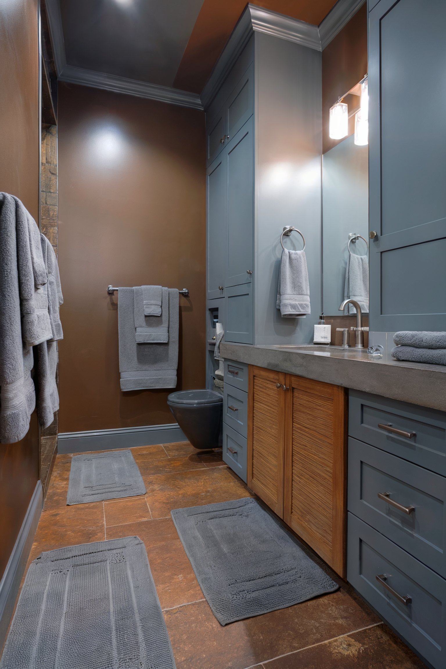 A bathroom with brown walls and gray cabinetry, complemented by a gray toilet and towels, with warm-toned tile flooring