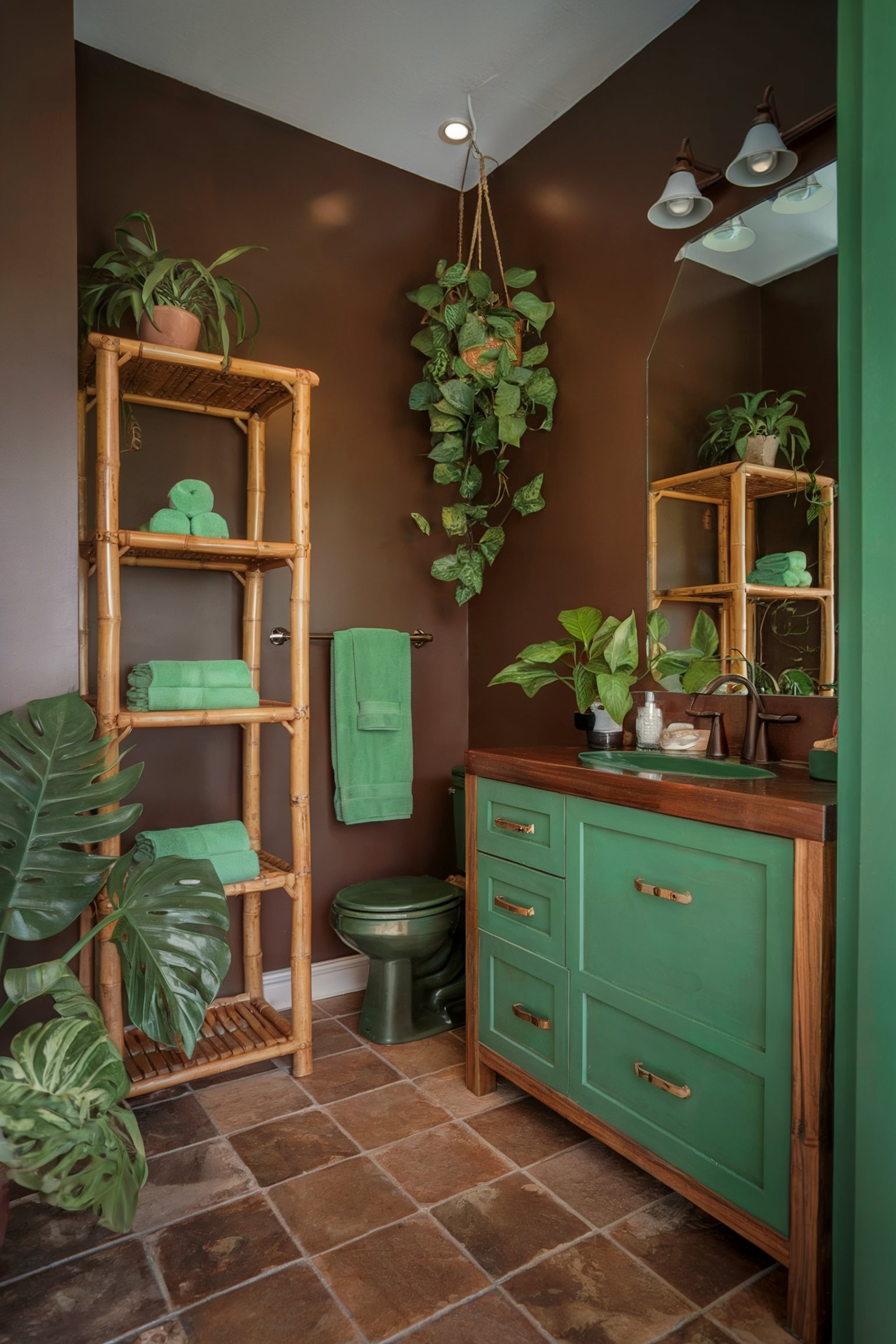 A nature-inspired bathroom featuring dark brown walls, a green vanity, a bamboo shelf, hanging plants, and matching green towels