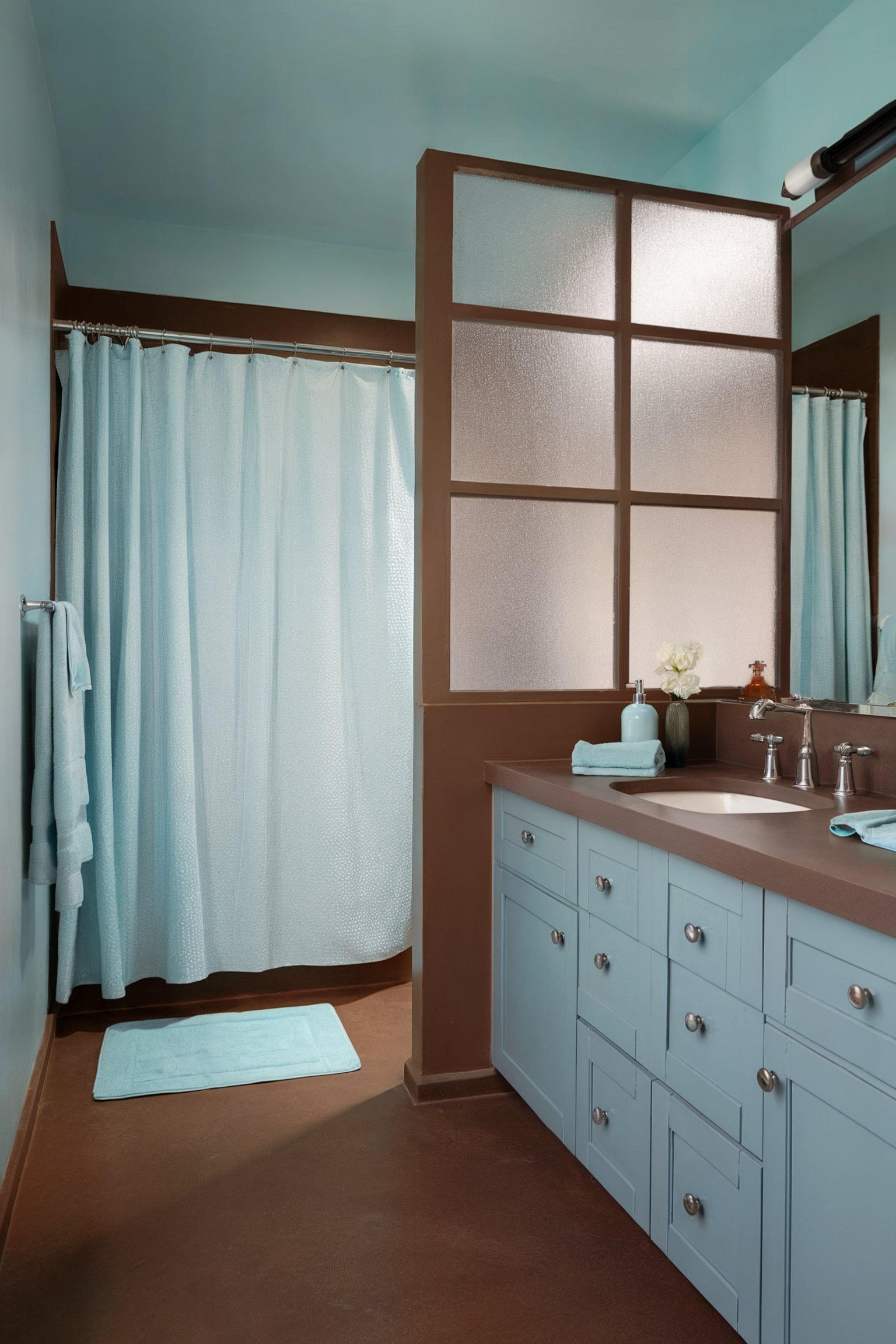 A bathroom with light blue walls and cabinets, featuring a frosted glass divider and a brown countertop