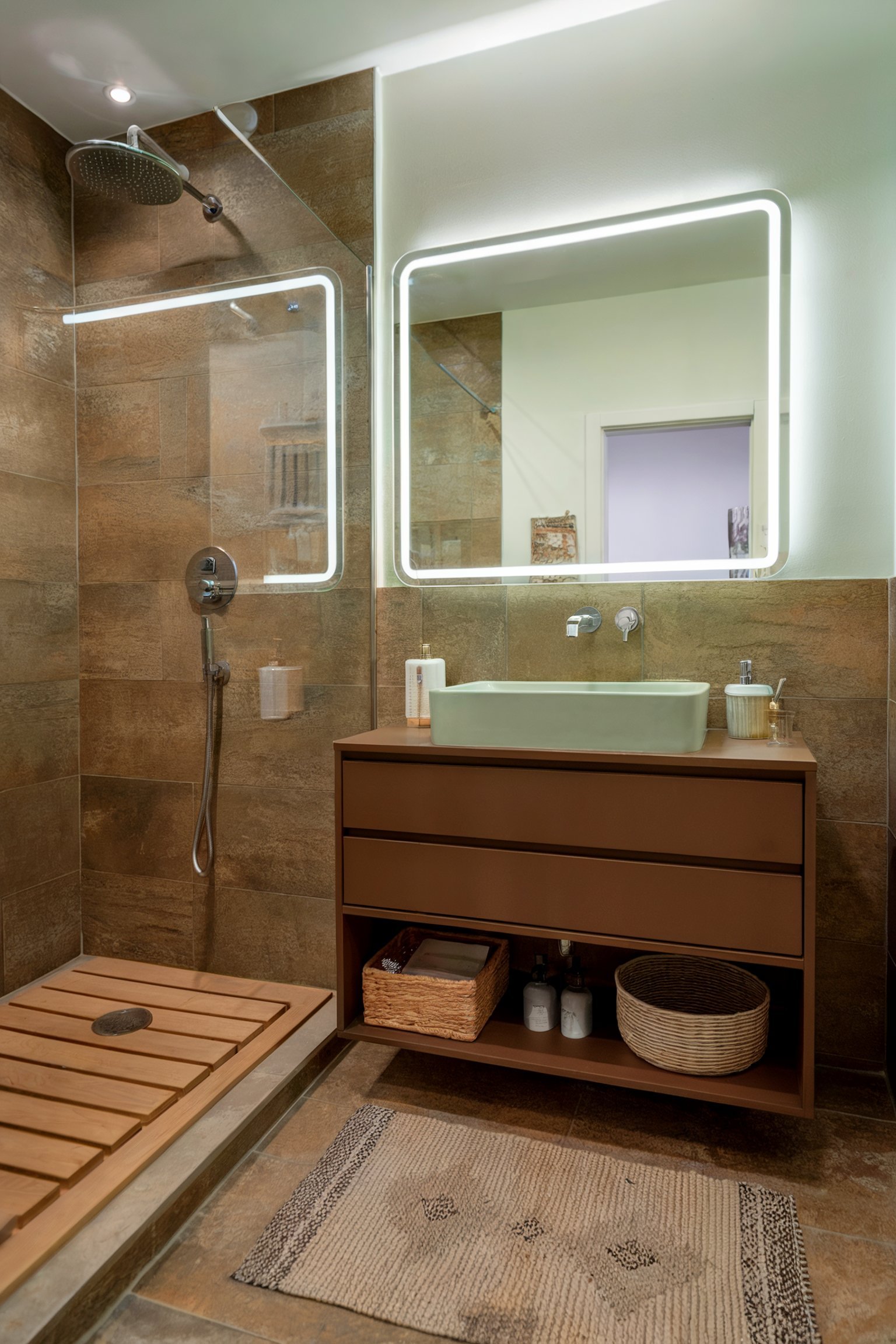 A contemporary bathroom with stone-like tiles, a wooden shower floor mat, a large rectangular illuminated mirror, and a minimalist wood vanity
