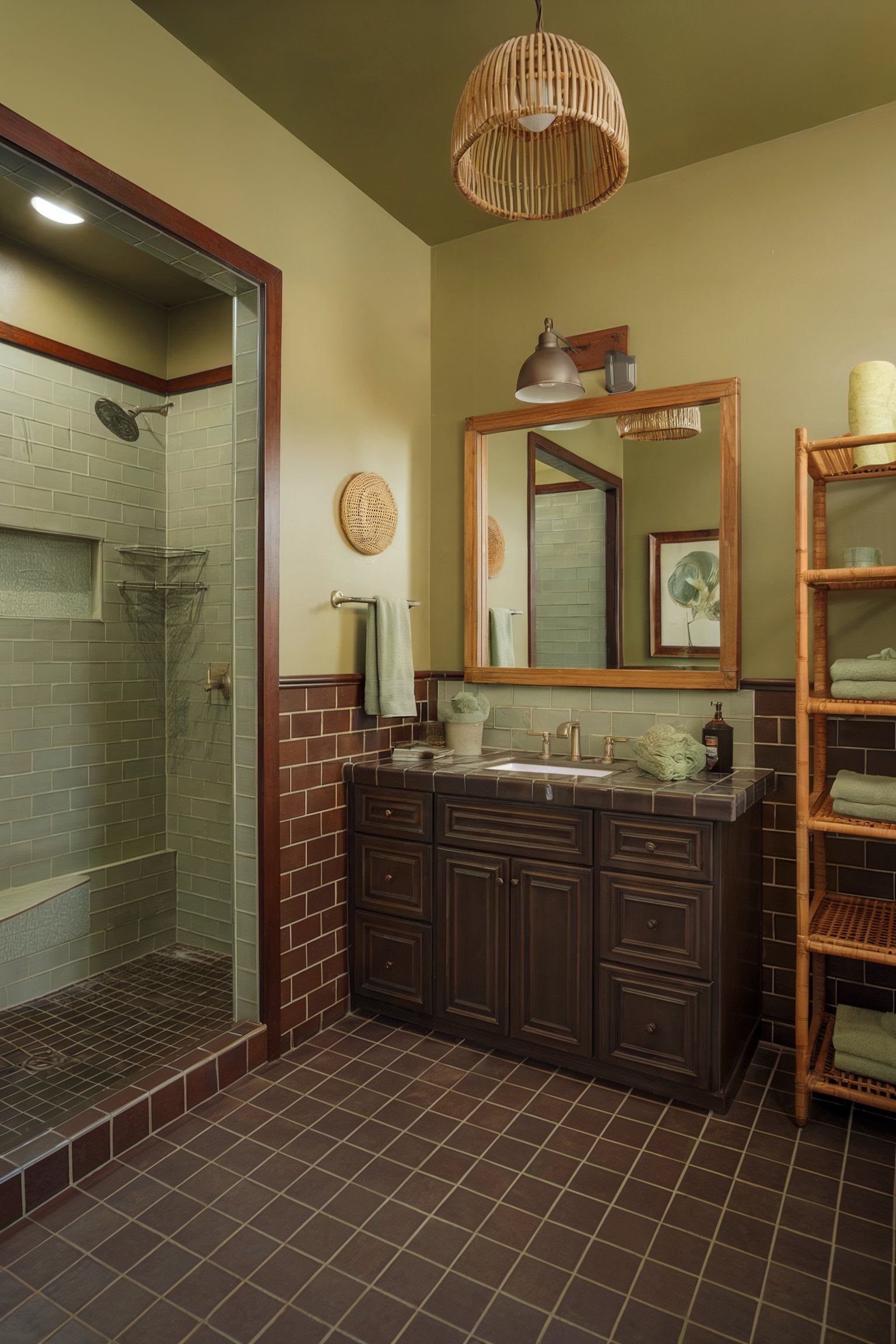 A rustic bathroom with green and brown tile accents, wooden cabinetry, a walk-in shower with green tile, and a wicker light fixture