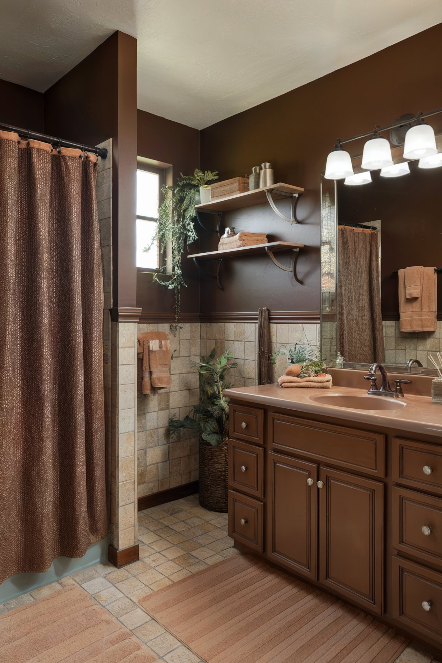 A warm-toned bathroom with brown walls, wood cabinetry, and a beige tiled shower, accented by indoor plants