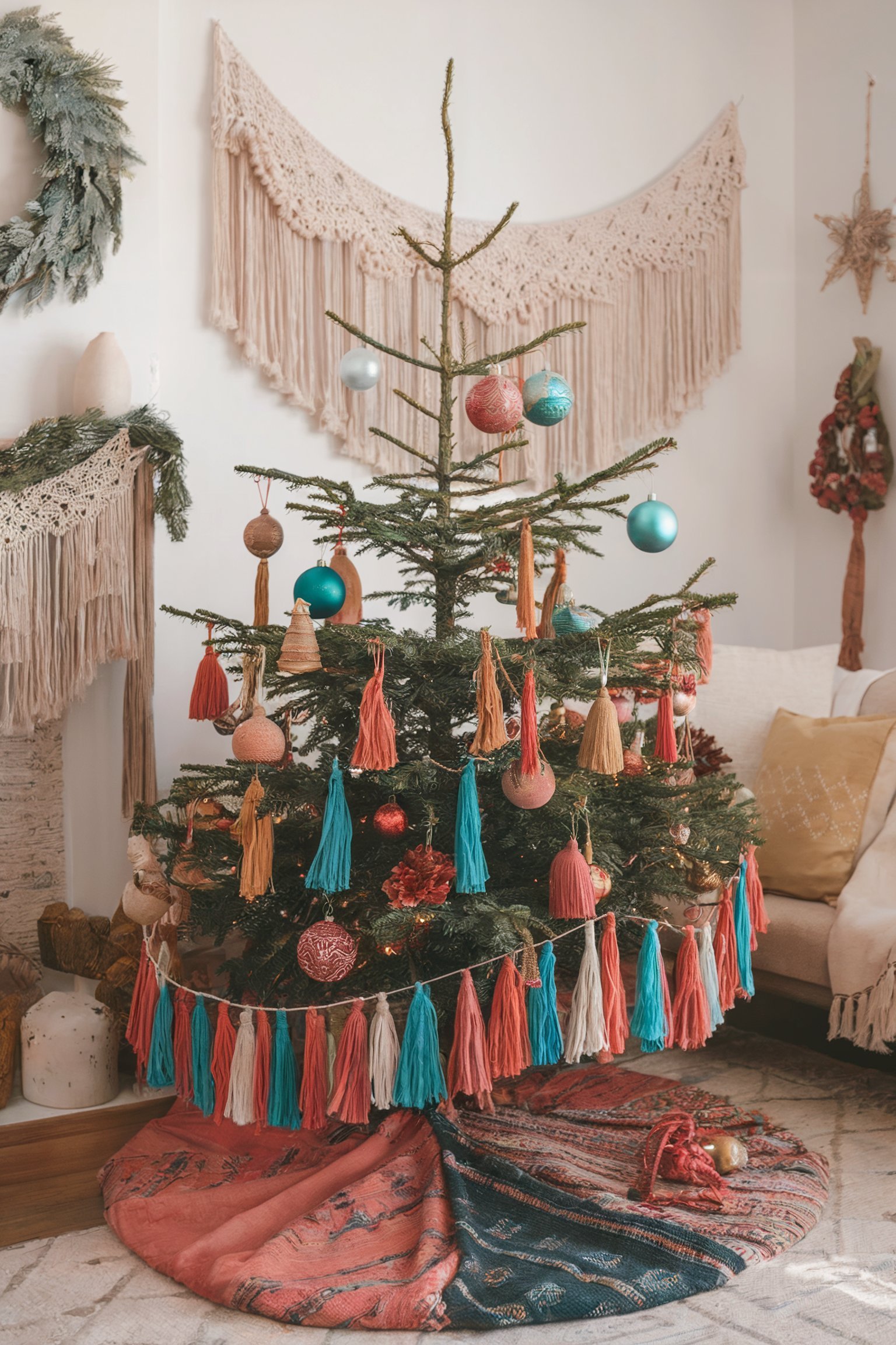 A boho Christmas tree with vibrant teal, coral, and pink tassels, set against a macrame backdrop