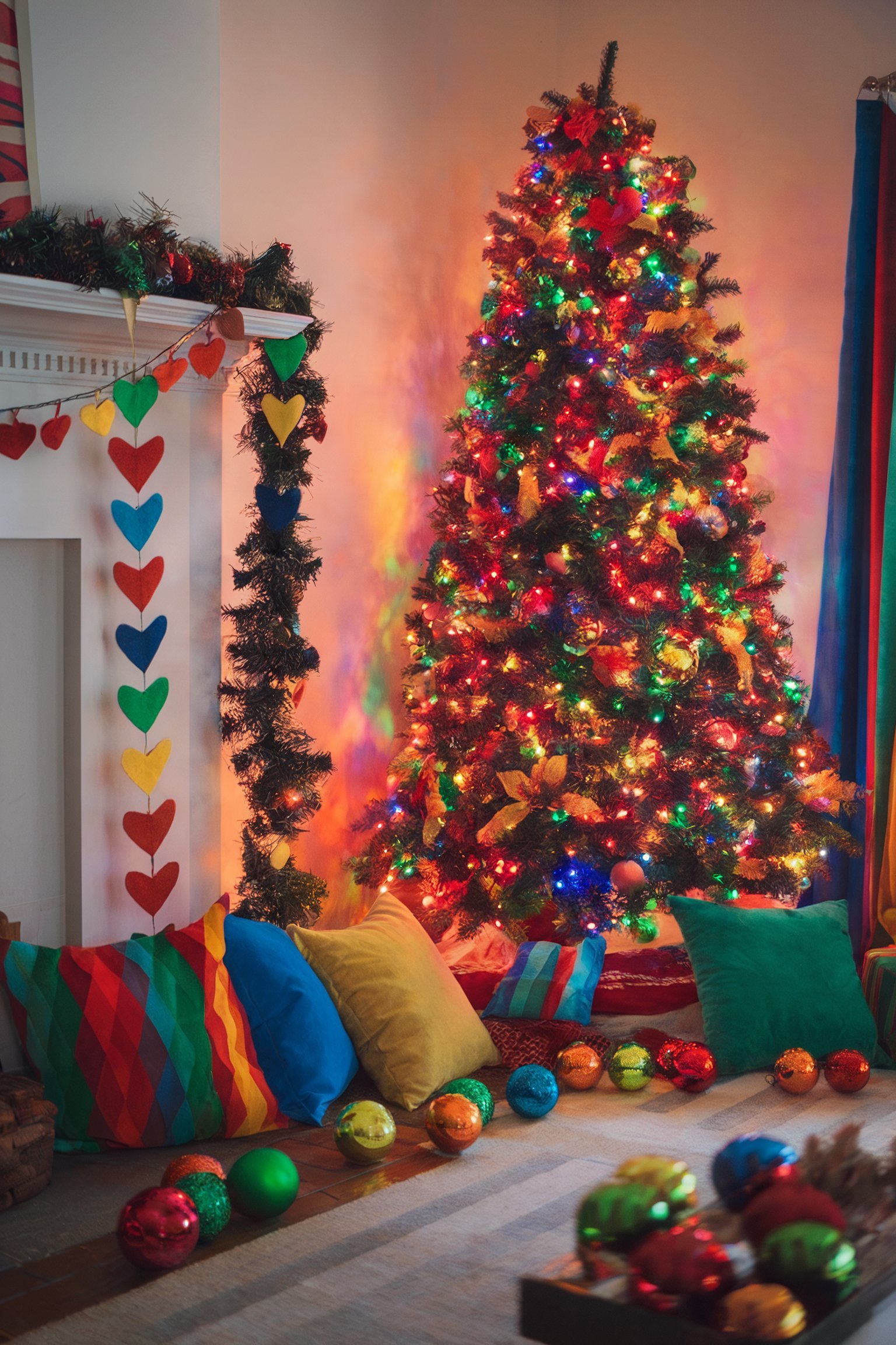 A festive living room with a brightly lit Christmas tree adorned with multicolored lights, rainbow garlands, and vibrant pillows on the floor