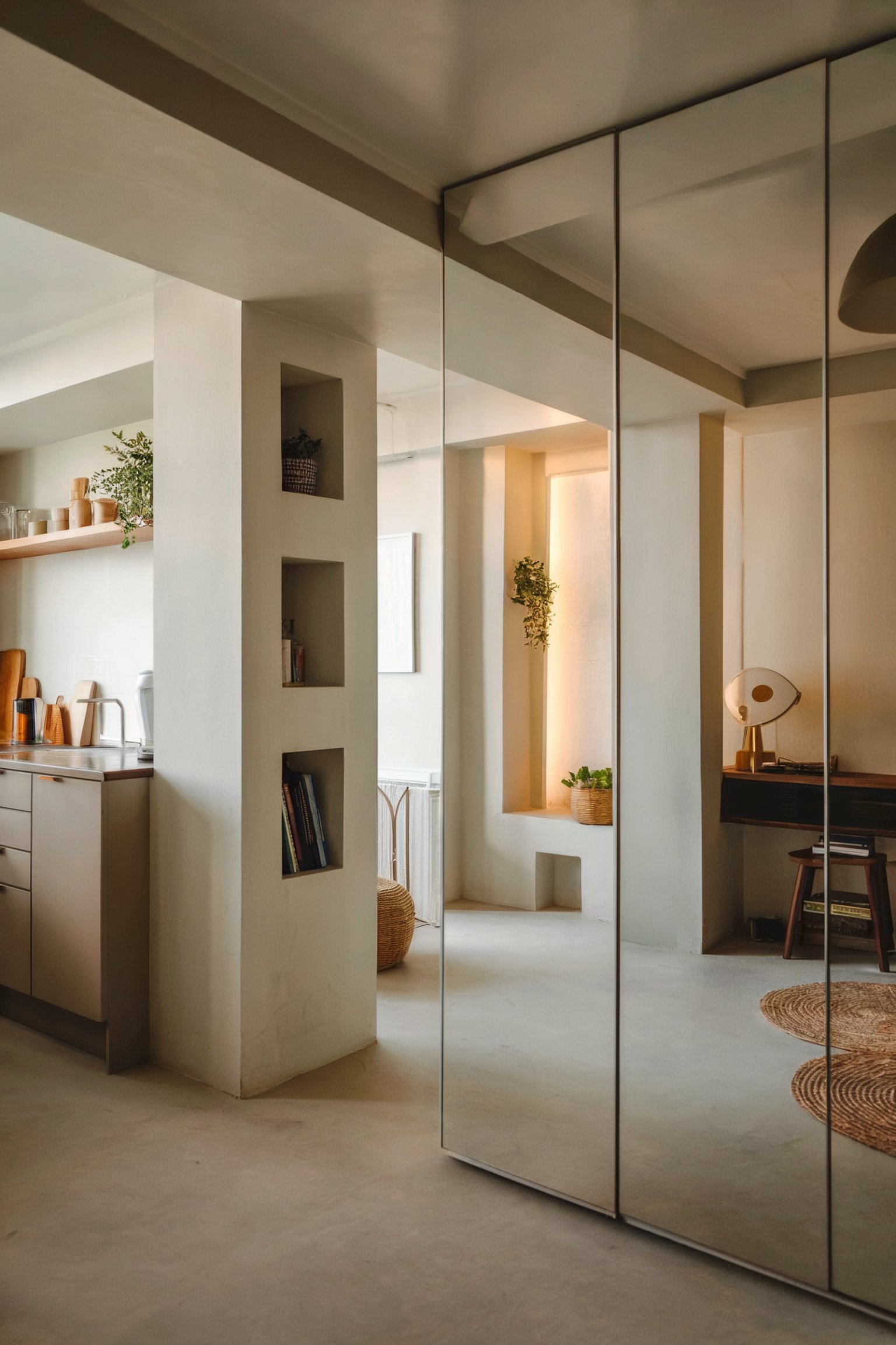 A minimalist kitchen with light neutral tones and built-in shelves, featuring a mirrored wall for an open and spacious feel