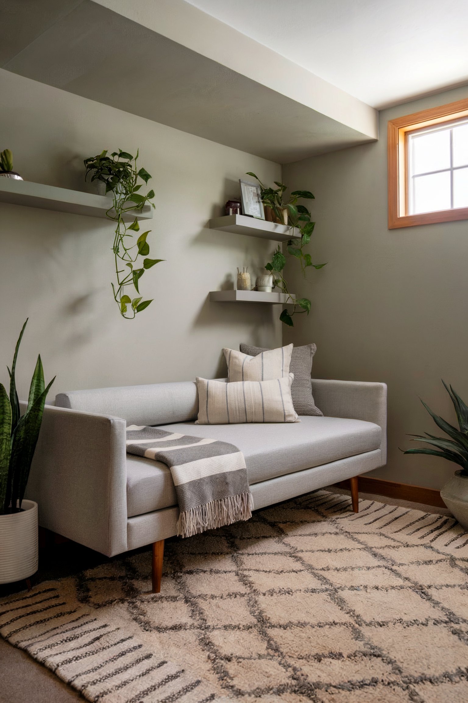 A cozy basement room with a light gray sofa, neutral pillows, potted plants, and floating shelves