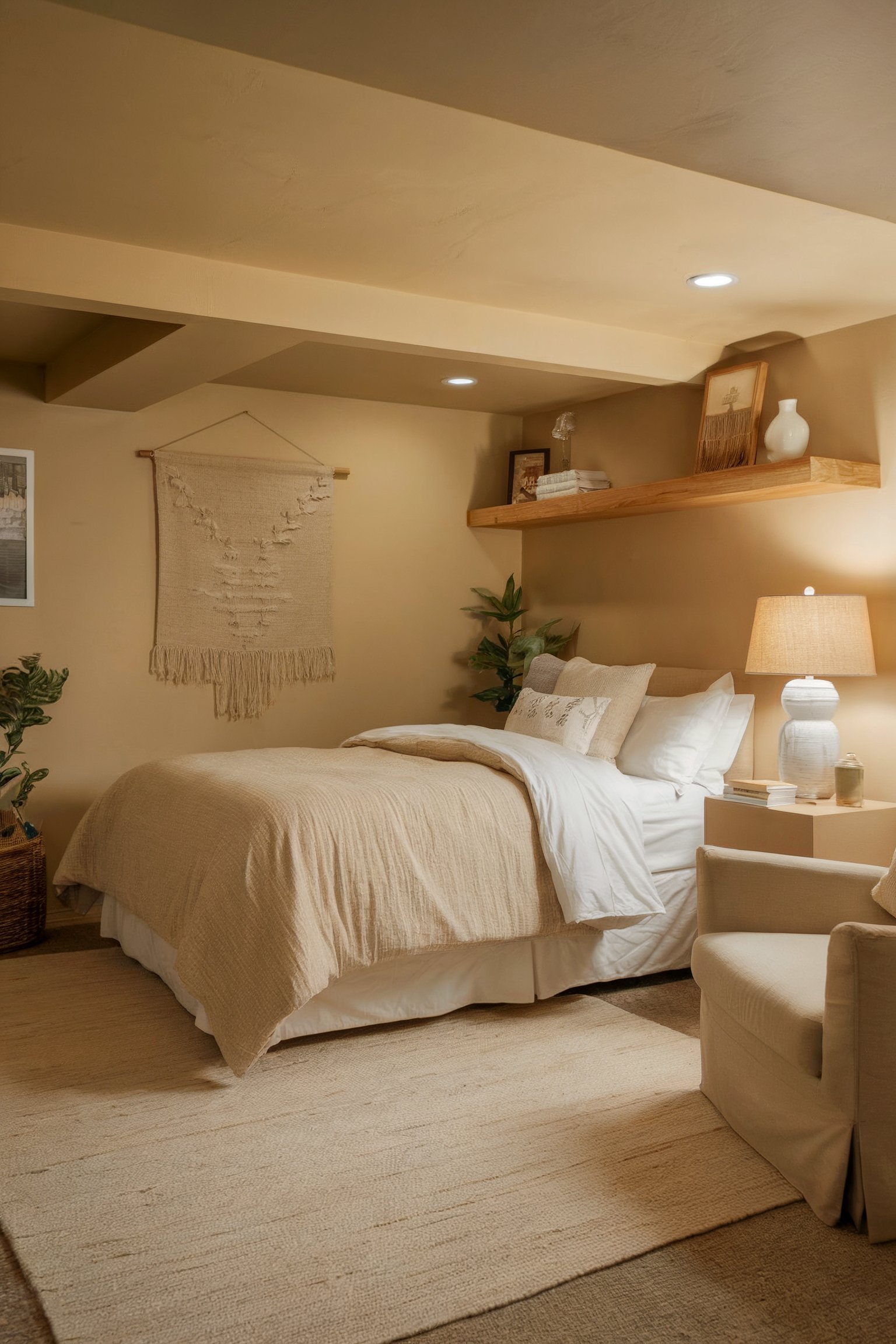 A cozy basement bedroom with beige tones, featuring a bed with layered bedding, a wall tapestry, a wooden shelf, and a warm lamp