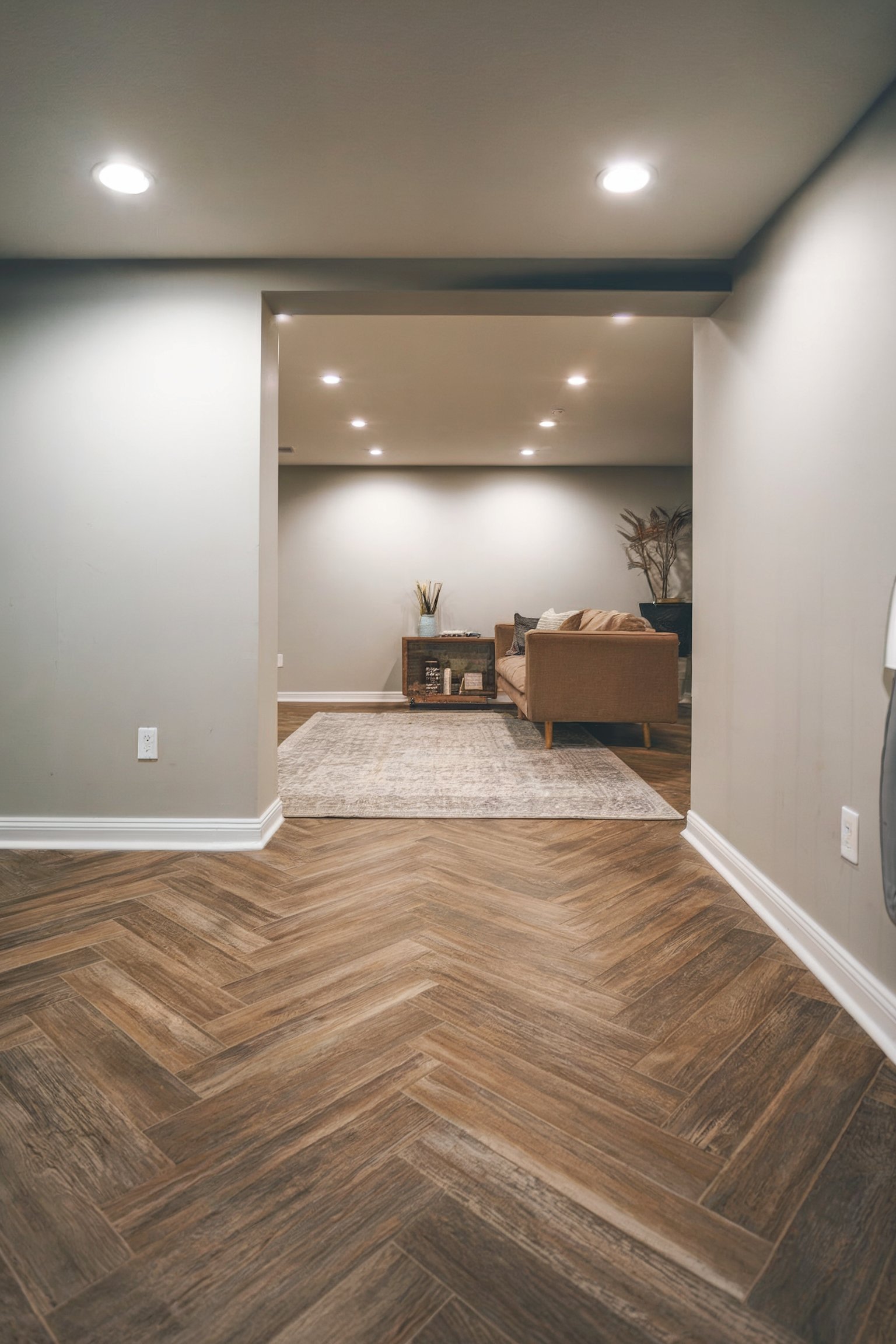 A basement space with herringbone wood flooring and recessed lighting leading to a cozy living room area