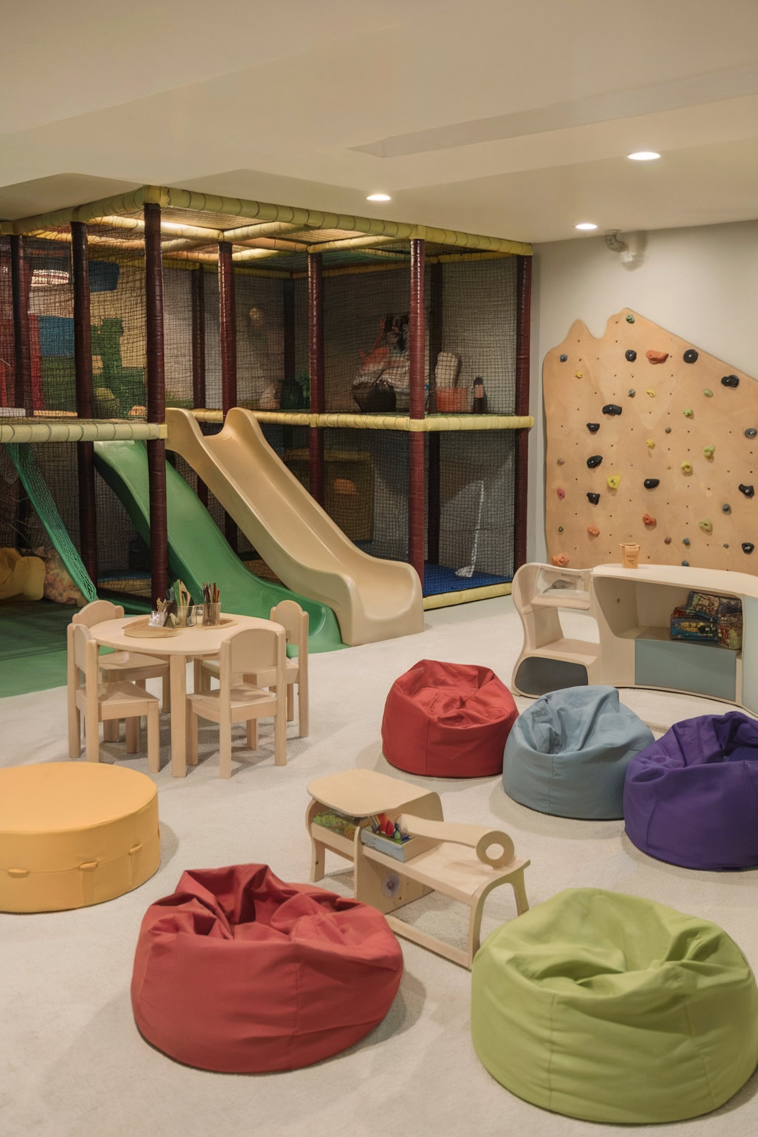 A fun basement play area with slides, a rock climbing wall, colorful bean bag chairs, and a table with chairs for kids