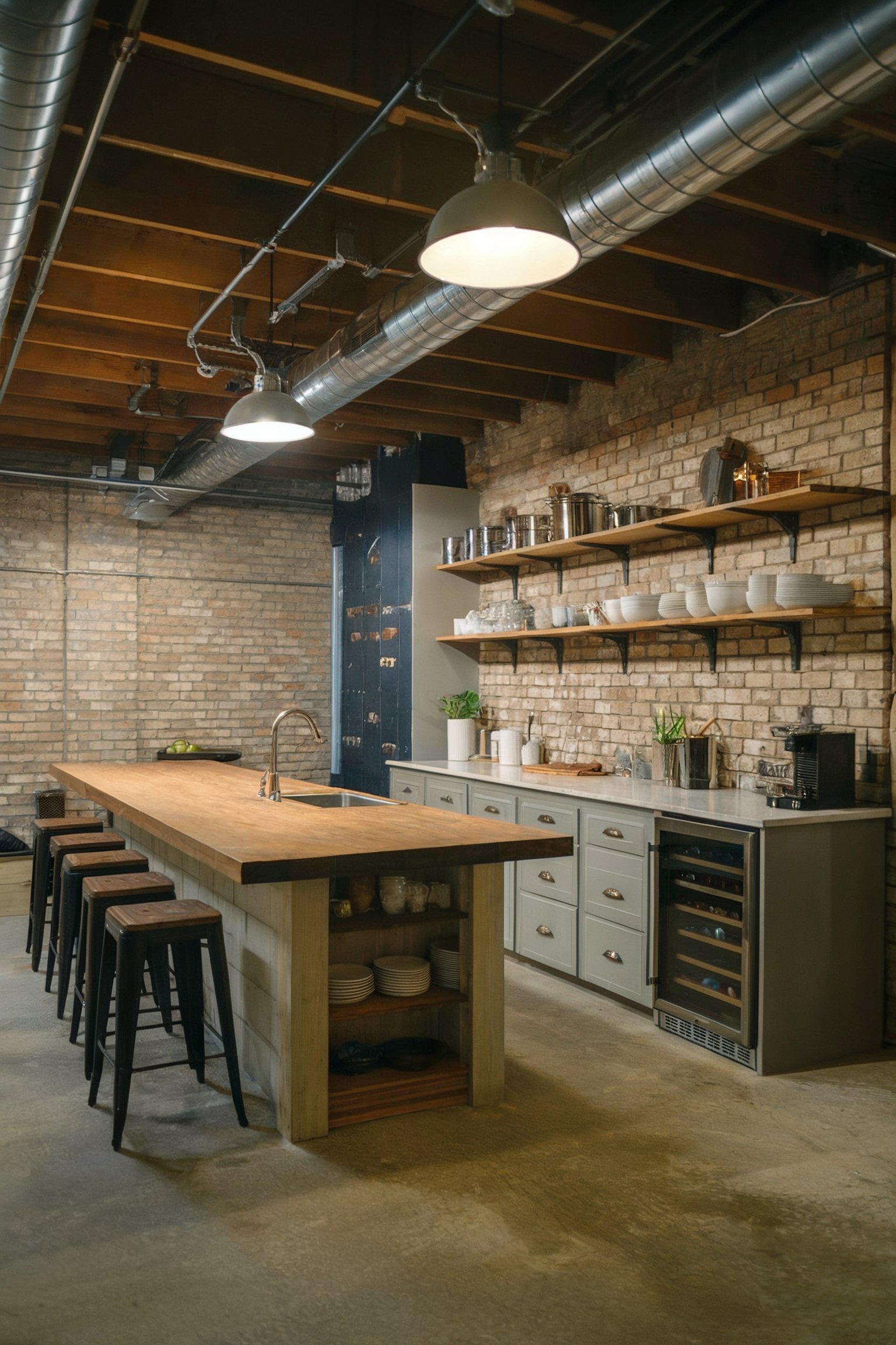 An industrial-style basement kitchen with exposed brick walls, a long wooden island with barstools, and open shelving