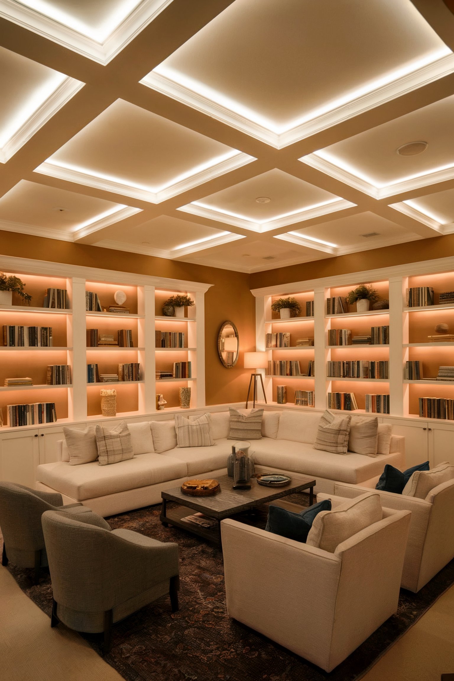 A cozy basement living room with a sectional sofa and built-in bookshelves softly lit with LED lighting on a coffered ceiling