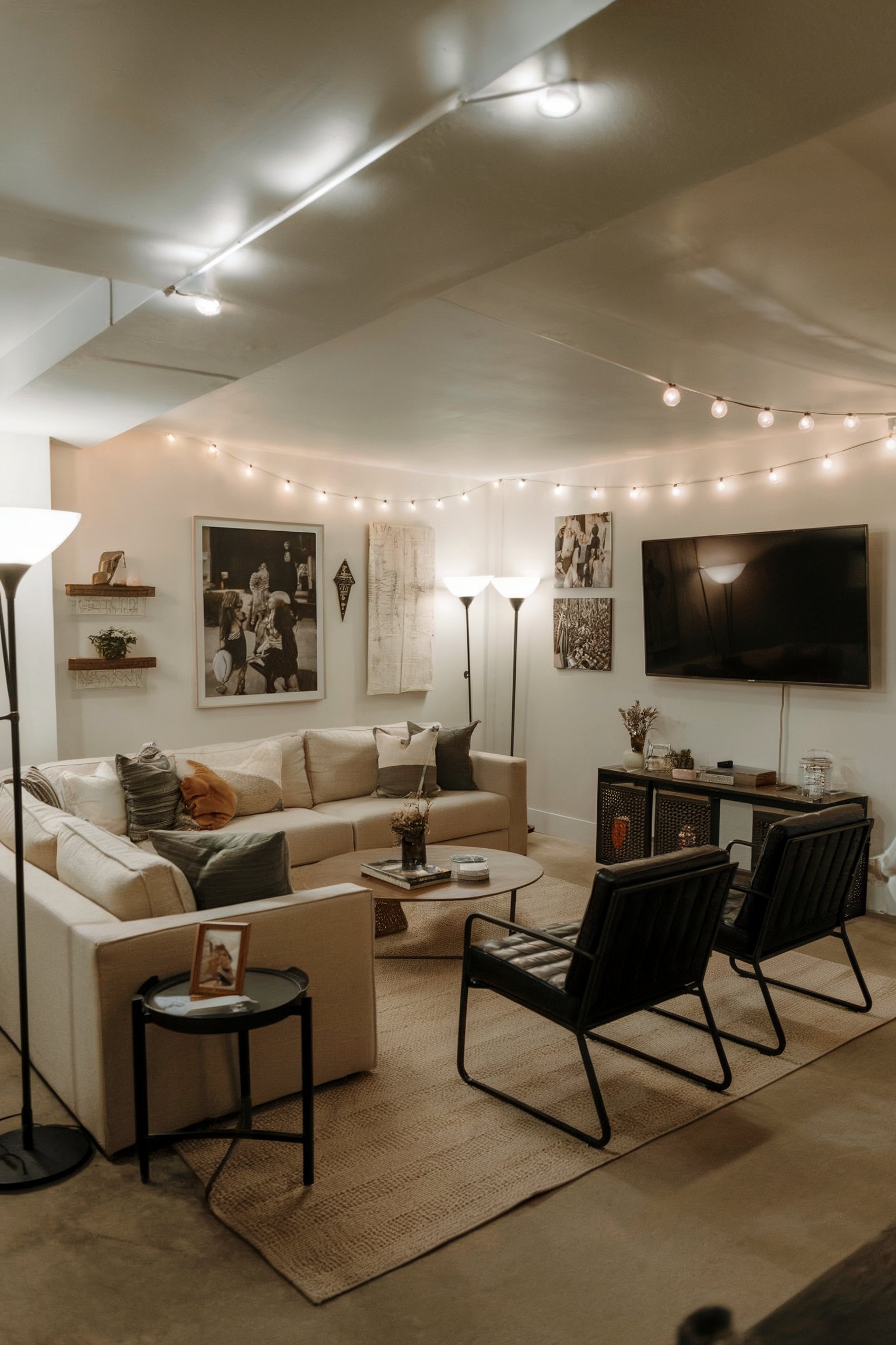 A simple basement living room with a sectional sofa, string lights, framed artwork, and a wall-mounted TV for a casual entertainment space