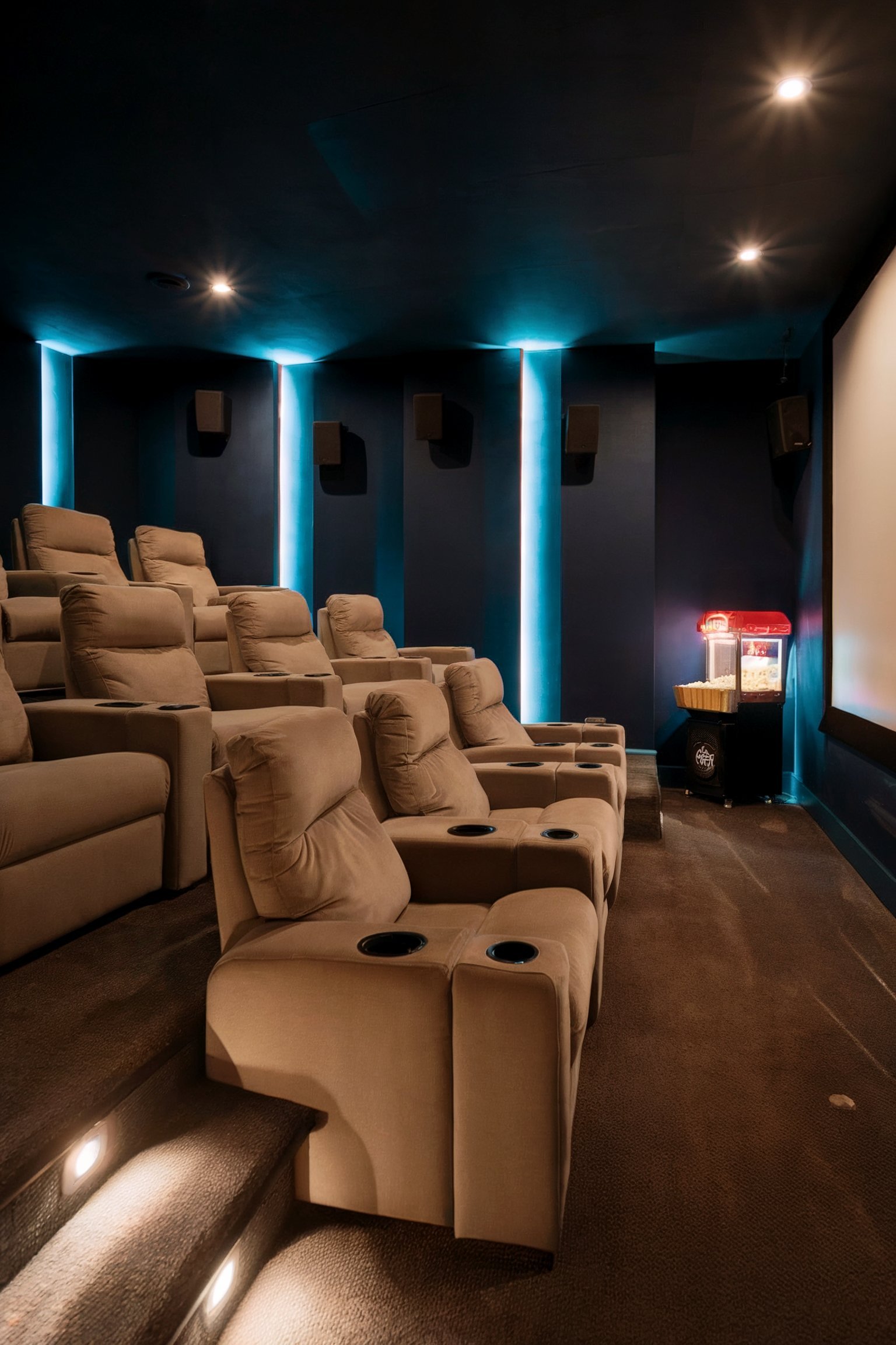 A home theater room with tiered recliner seats, dim lighting, and neon blue accents on the walls, creating an immersive cinema experience