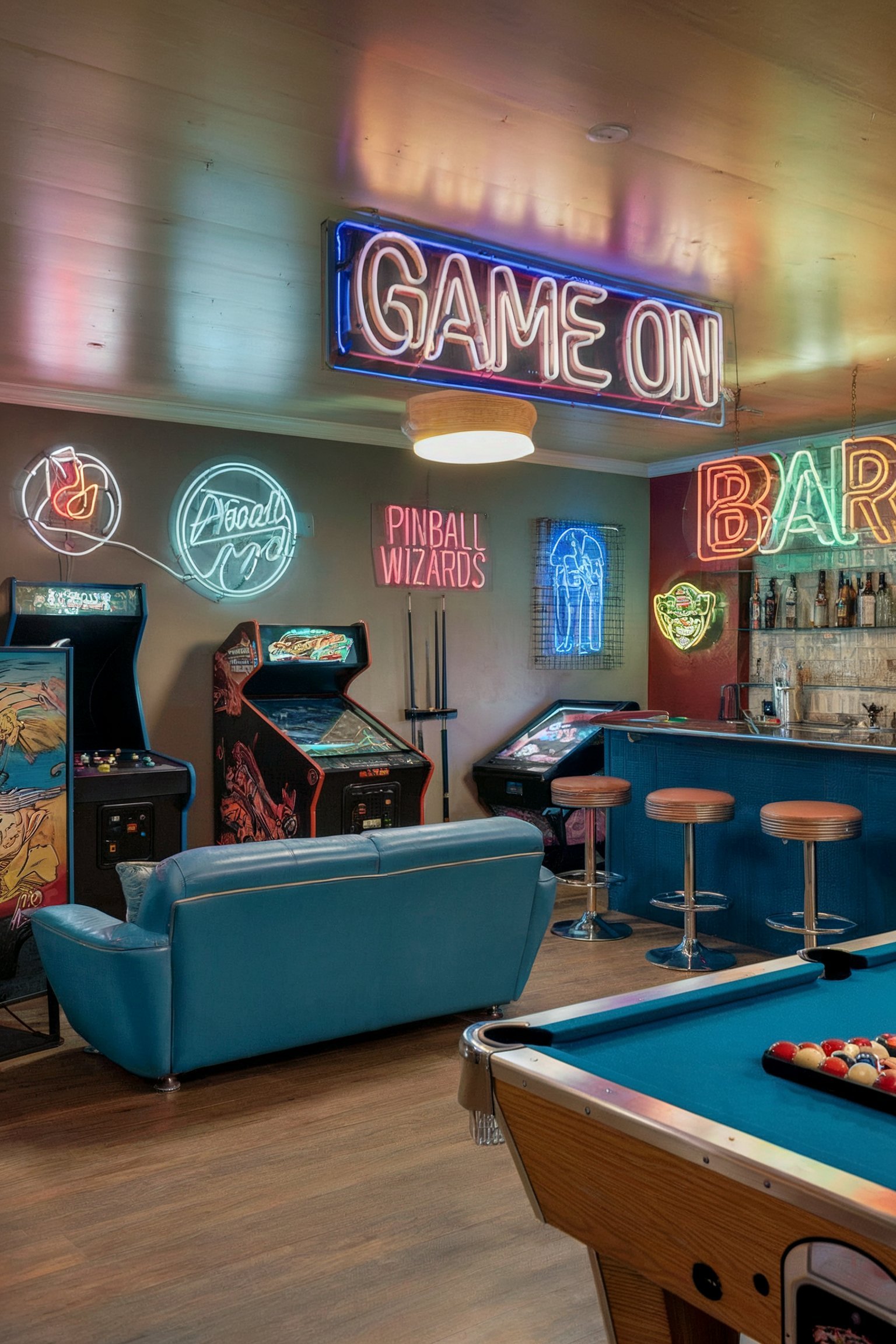 A retro-style basement game room with neon signs, arcade machines, and a pool table creating a vibrant atmosphere