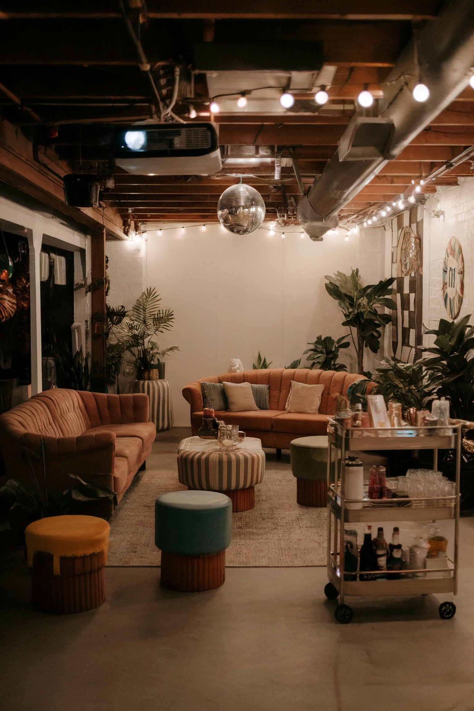A dimly lit basement party lounge with string lights, a disco ball, plush sofas, and a bar cart for serving drinks