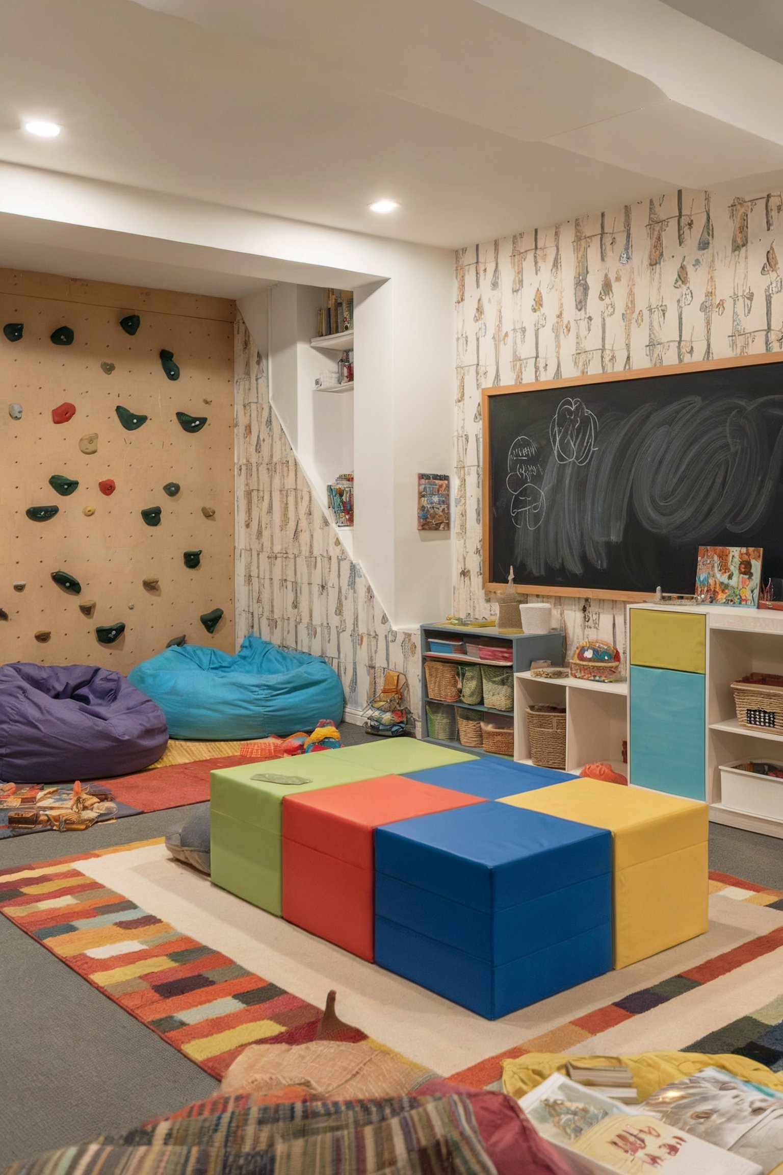 A colorful basement playroom featuring a rock-climbing wall, bean bag chairs, a blackboard, and cubby storage