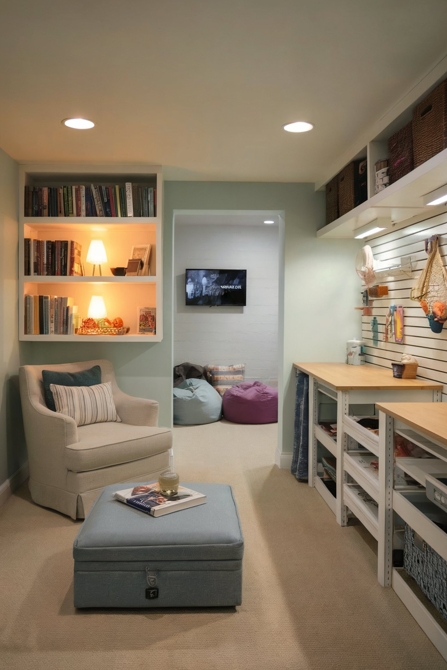 A small, multifunctional craft and reading nook with built-in bookshelves, workbench, and bean bag chairs in the background
