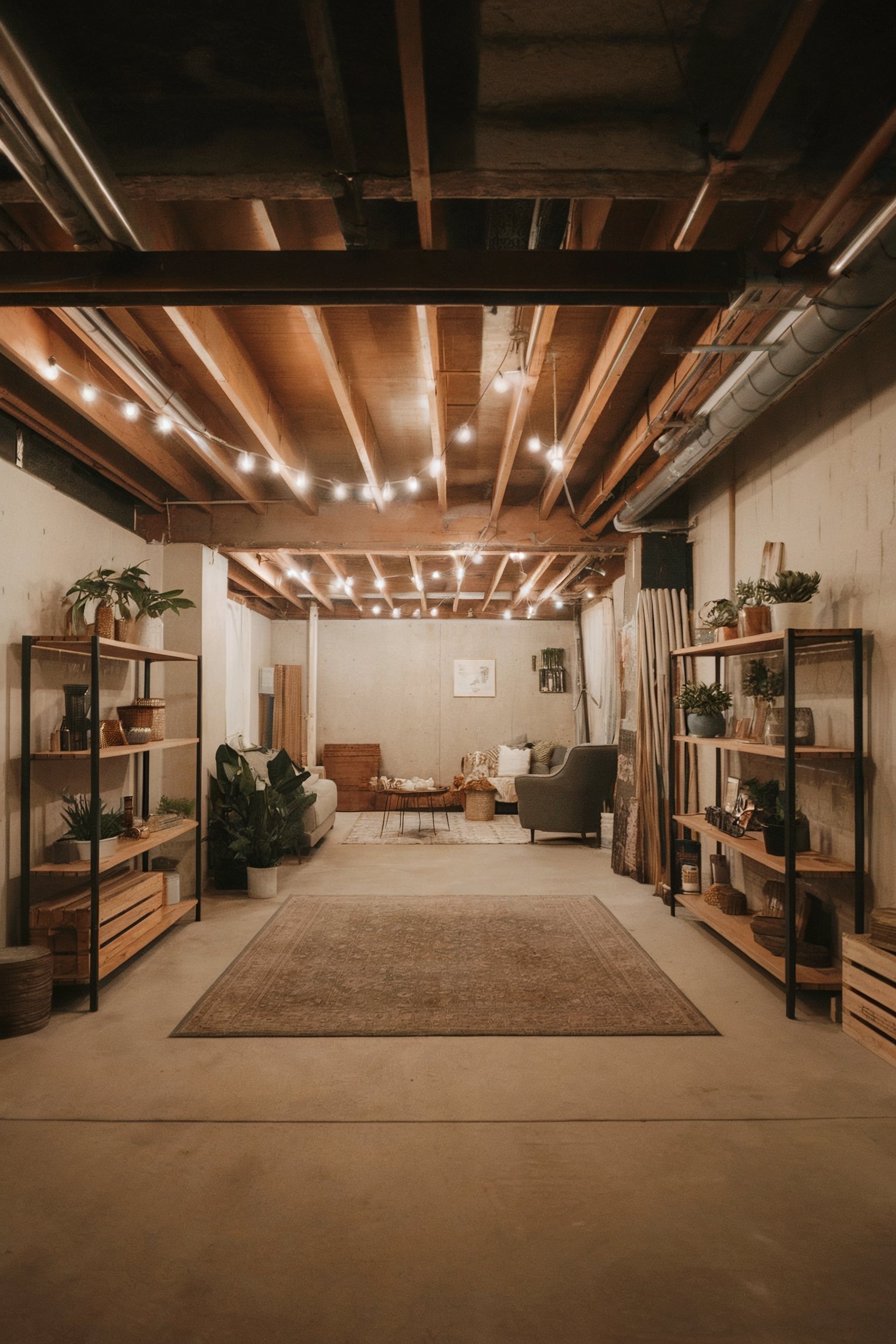 An unfinished basement with exposed beams, string lights, and an industrial yet cozy aesthetic, featuring seating and open shelving