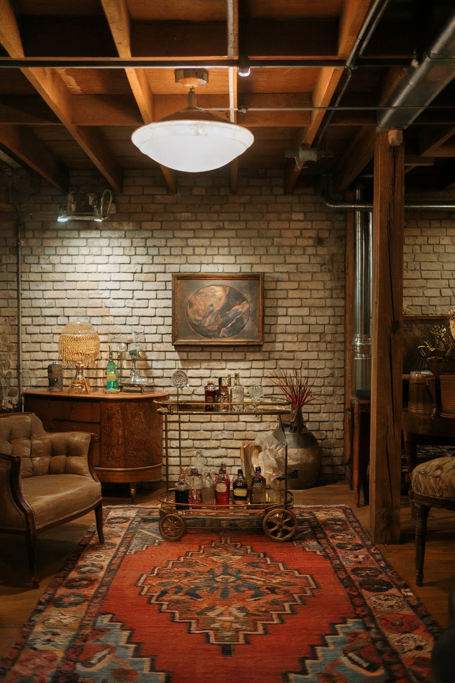 A cozy basement with exposed brick walls, a vintage rug, and a retro bar cart, accented by rustic wood beams and industrial-style lighting
