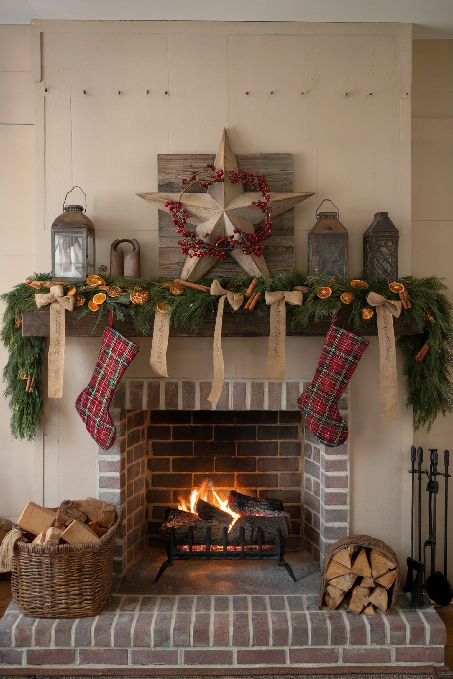 Brick fireplace with a large wooden star, garland with dried oranges, burlap bows, plaid stockings, and rustic lanterns