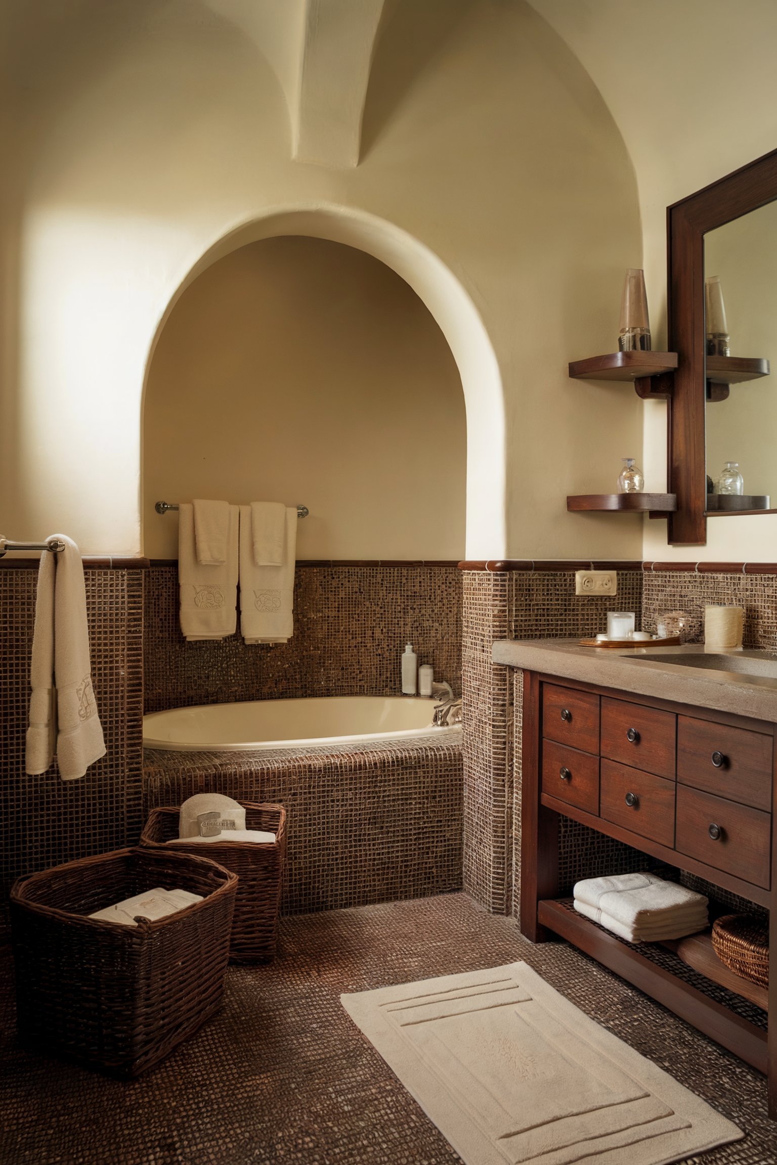 A Mediterranean-style bathroom with arched alcove, mosaic tiles, and a deep soaking tub, featuring dark wood vanity and wicker baskets