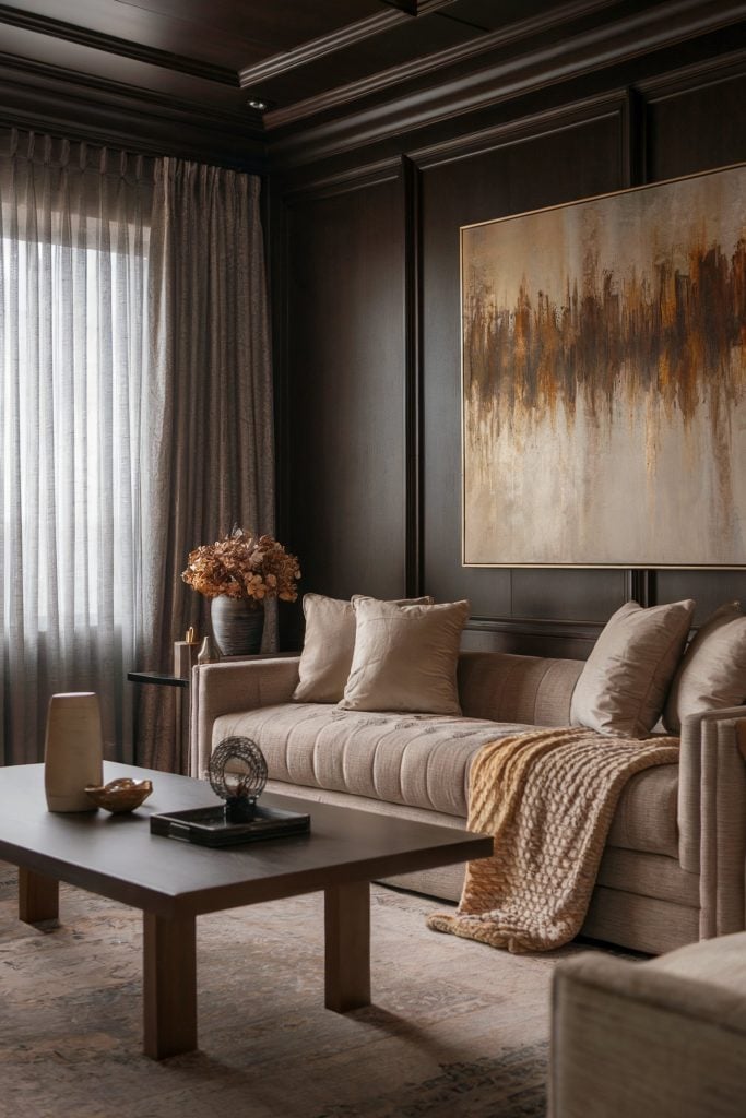 A sophisticated living room with dark wood paneling, a beige sofa, a warm throw, and abstract artwork