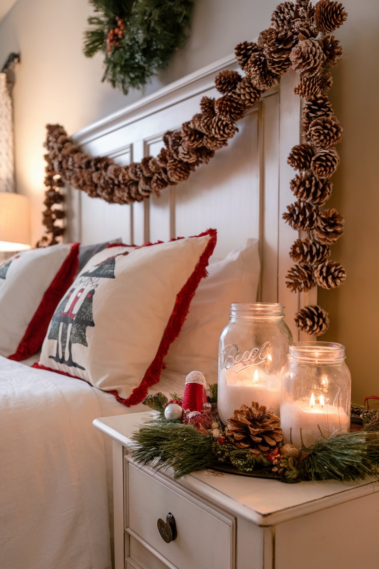A bedside table decorated with candles, pinecones, and festive greenery next to a bed with holiday-themed pillows and garland over the headboard