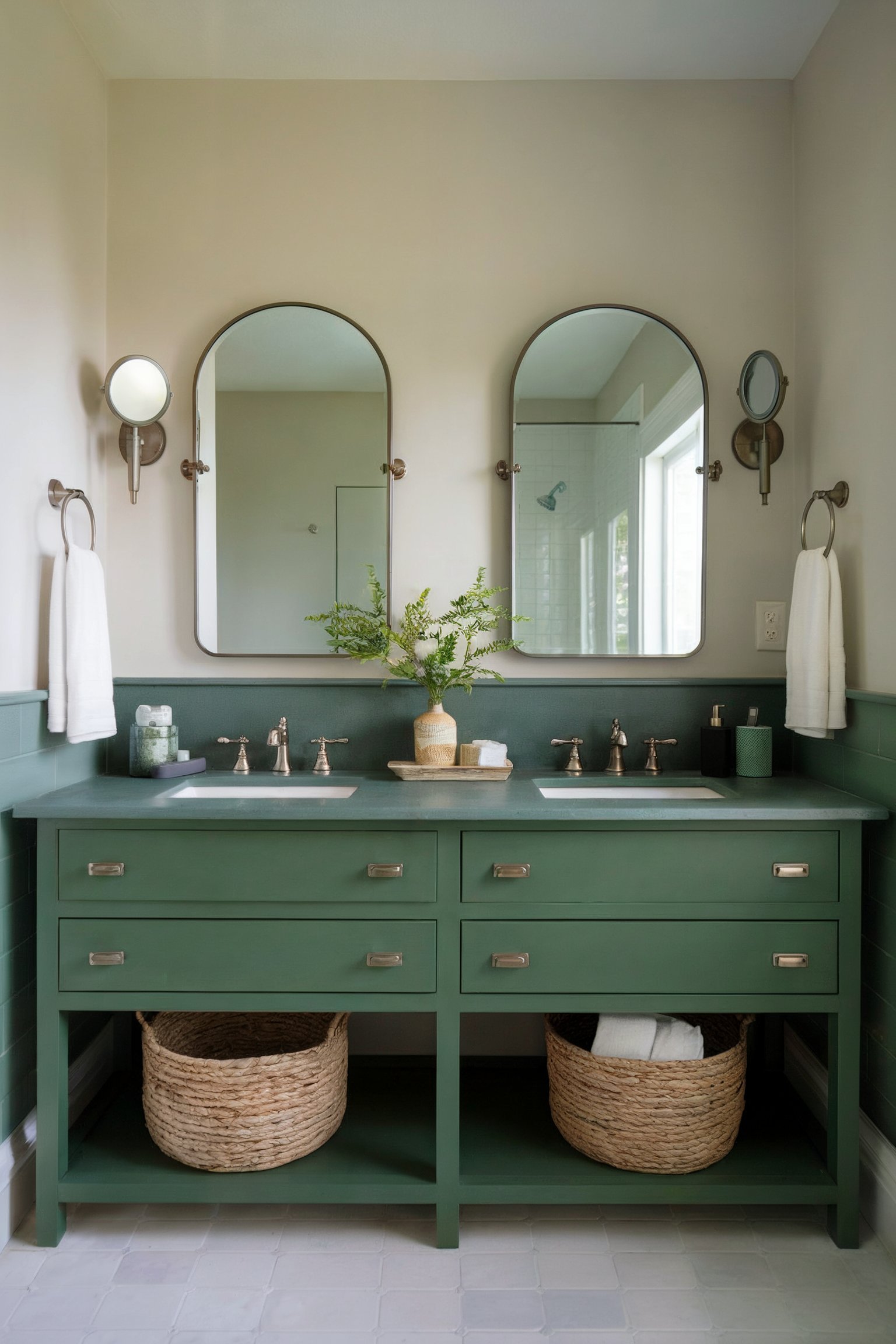 A modern bathroom with a green double vanity, matching mirrors, and a minimalist design featuring wicker baskets for storage
