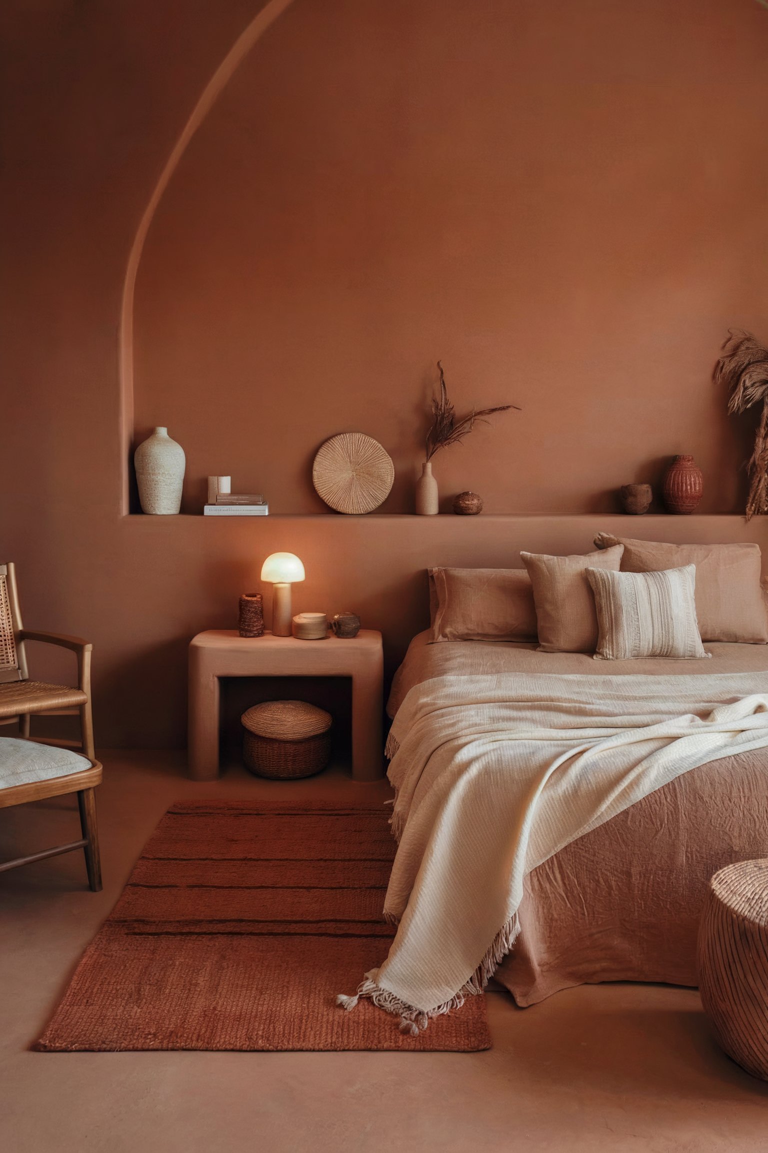 A cozy bedroom with earthy brown tones, featuring a warm terracotta wall, neutral bedding