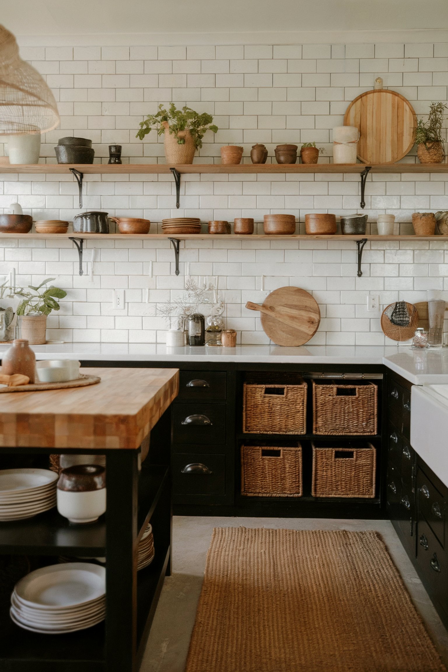 A warm, rustic kitchen featuring dark cabinetry, a butcher block island, and woven baskets for storage