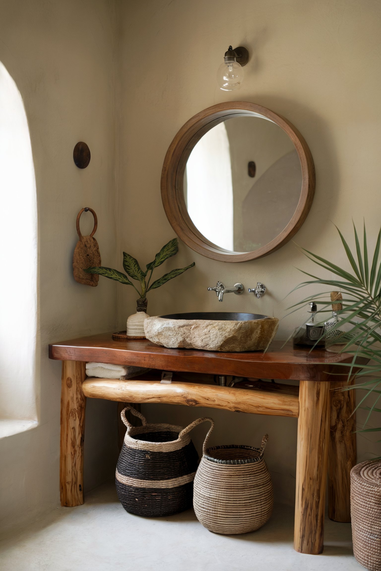 A minimal bathroom with a stone vessel sink, wooden vanity, round mirror, woven baskets, and greenery, set against soft beige walls