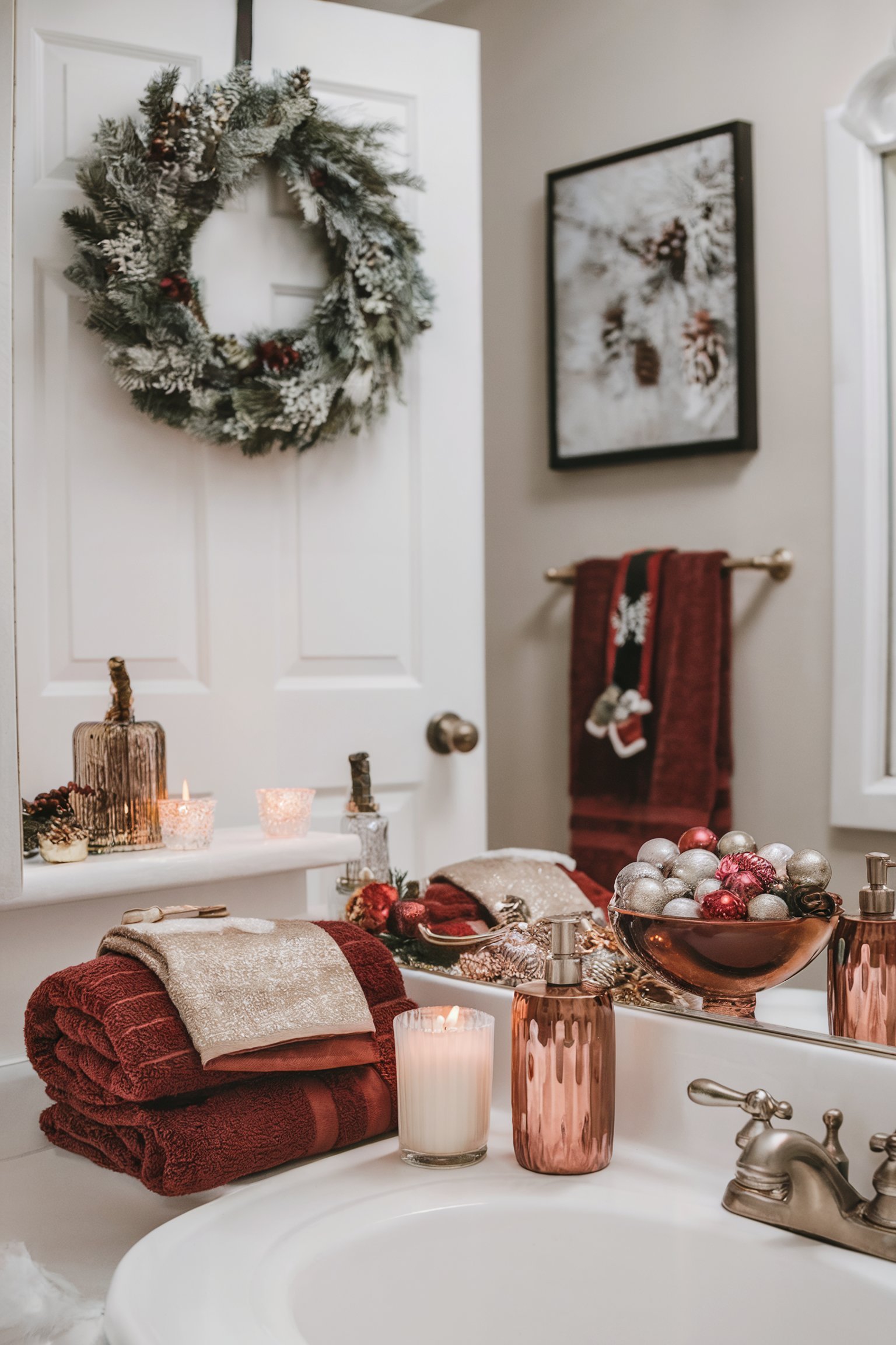 A bathroom decorated with a frosted wreath on the door, red towels, candles, and silver ornaments in a bowl on the sink