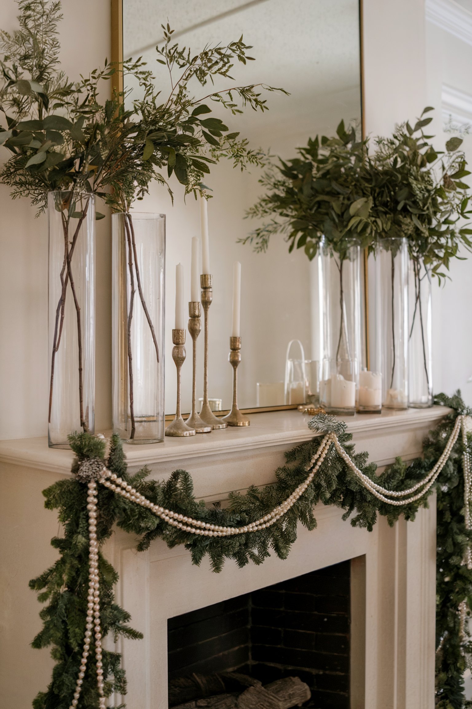 Elegant fireplace with garland draped in pearls, candlesticks, and tall vases with greenery