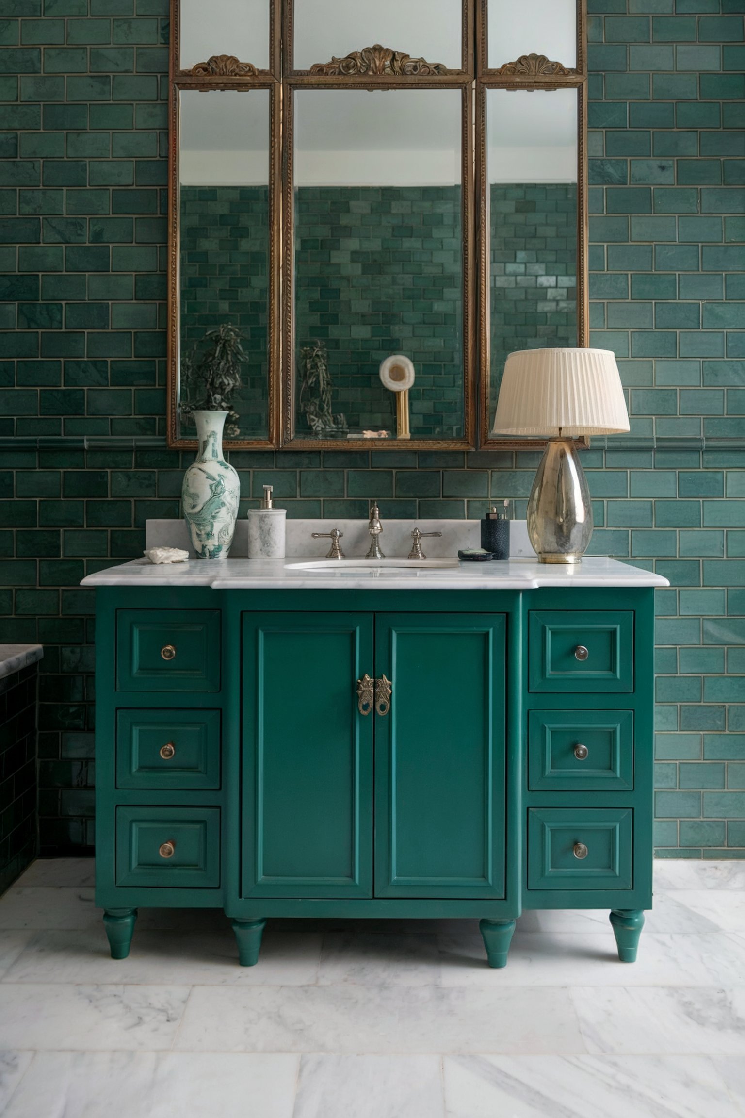 A bathroom with a green vanity, marble countertop, and elegant gold-framed mirror against rich green tiled walls