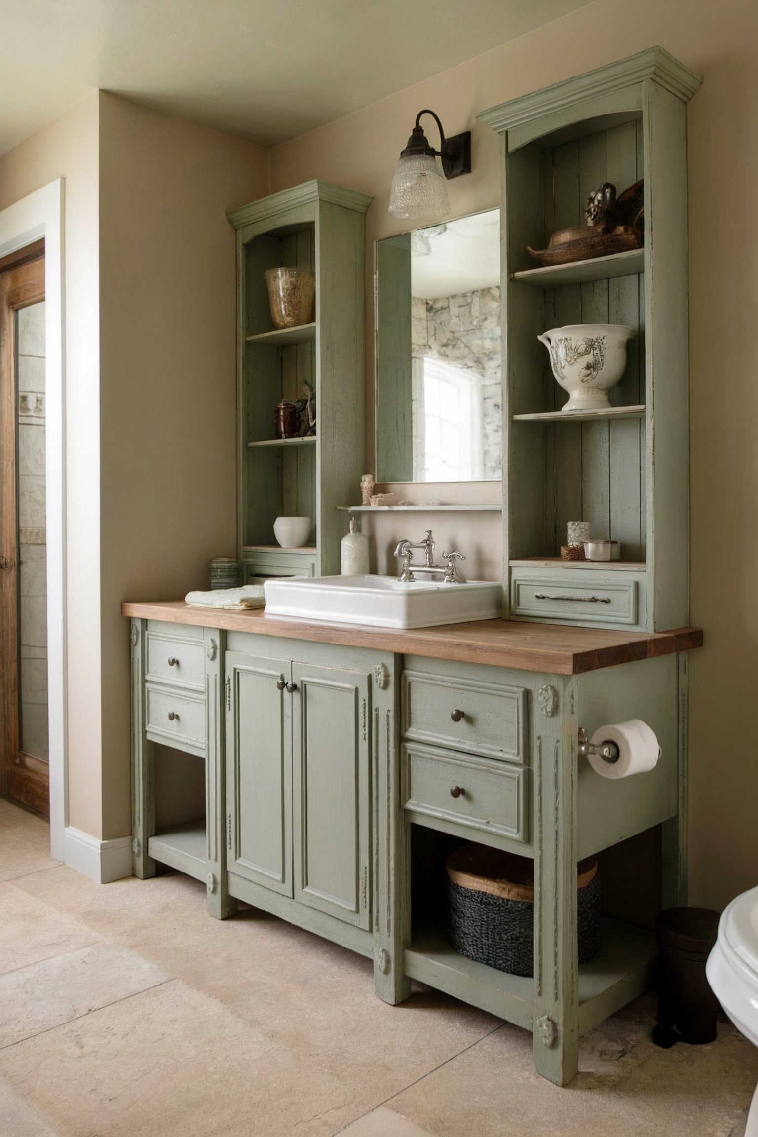 A rustic sage green vanity with open shelves, wooden countertop, and farmhouse sink for a cozy bathroom setting