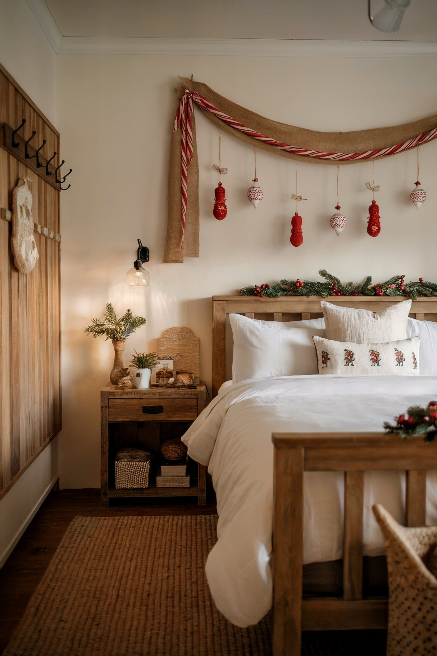 A rustic farmhouse bedroom decorated for the holidays with red and white ornaments hanging from a burlap garland above the bed