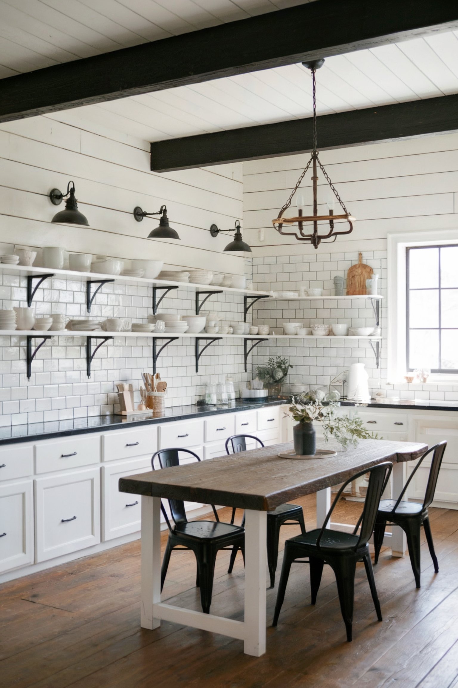 A farmhouse-style kitchen with white shiplap walls, black open shelves, and a rustic wooden dining table paired with black metal chairs