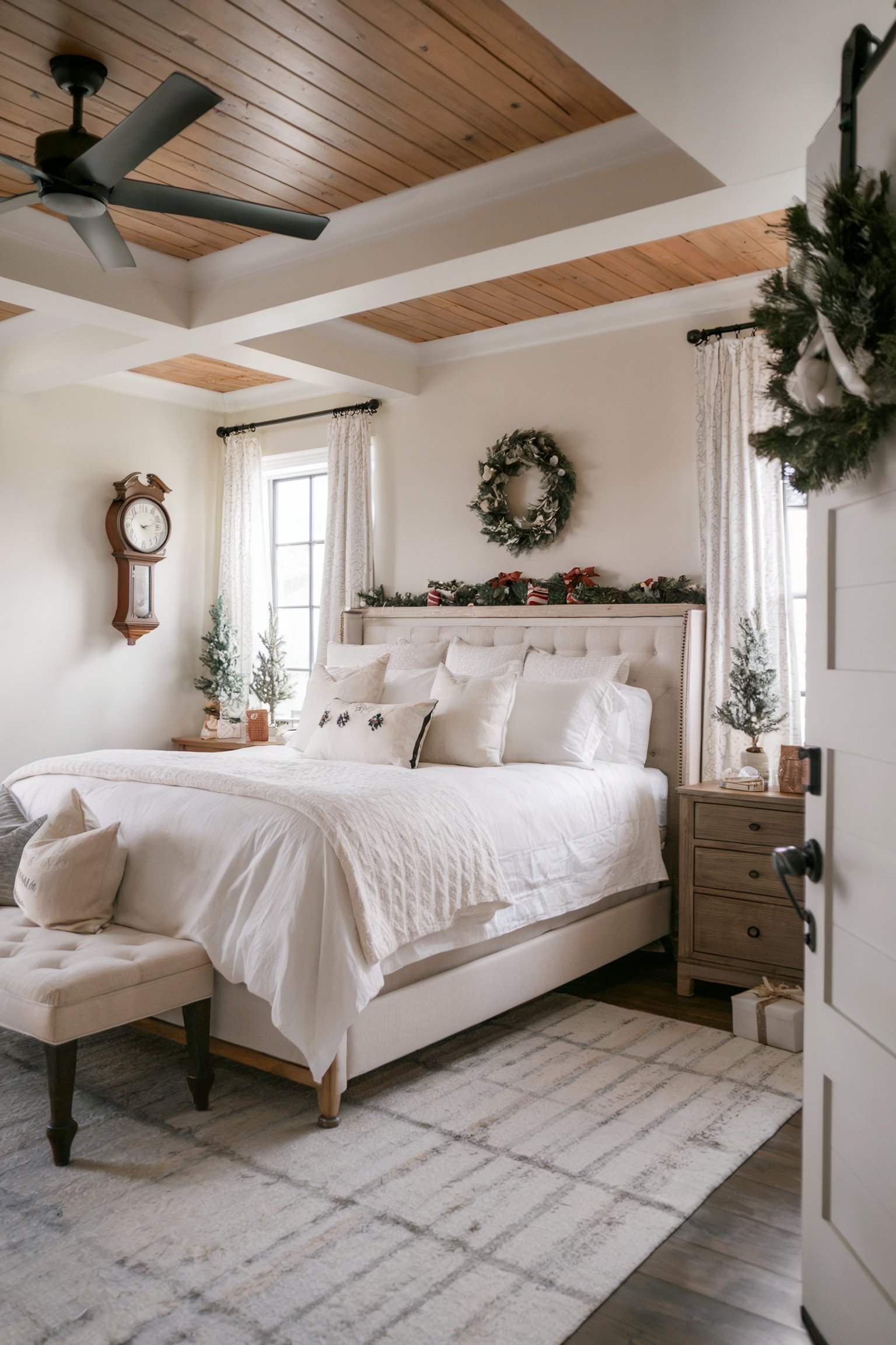 A farmhouse-style bedroom with a wooden ceiling, white bedding, wreaths, and Christmas accents on the bed and windows