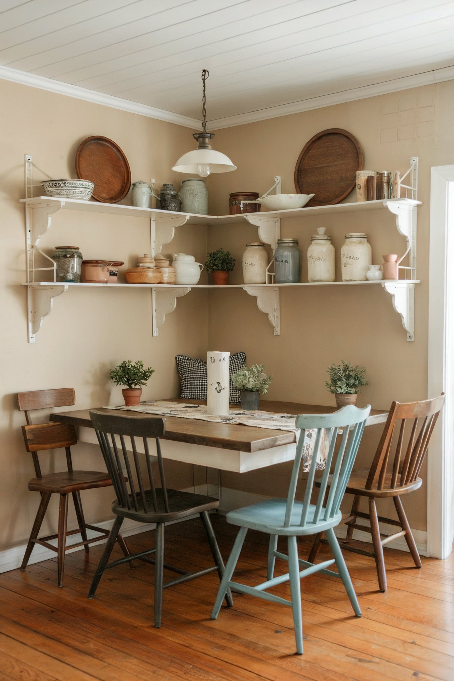 A rustic farmhouse kitchen nook with wooden chairs and shelves displaying vintage pottery and jars