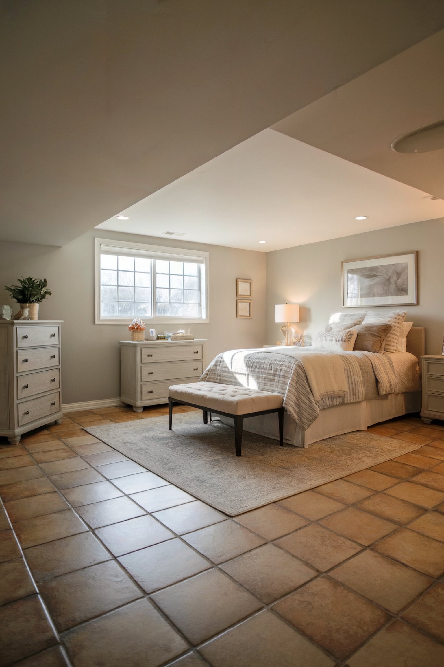 A spacious bedroom with large tile flooring, a comfortable bed, and light-toned furniture, illuminated by a window