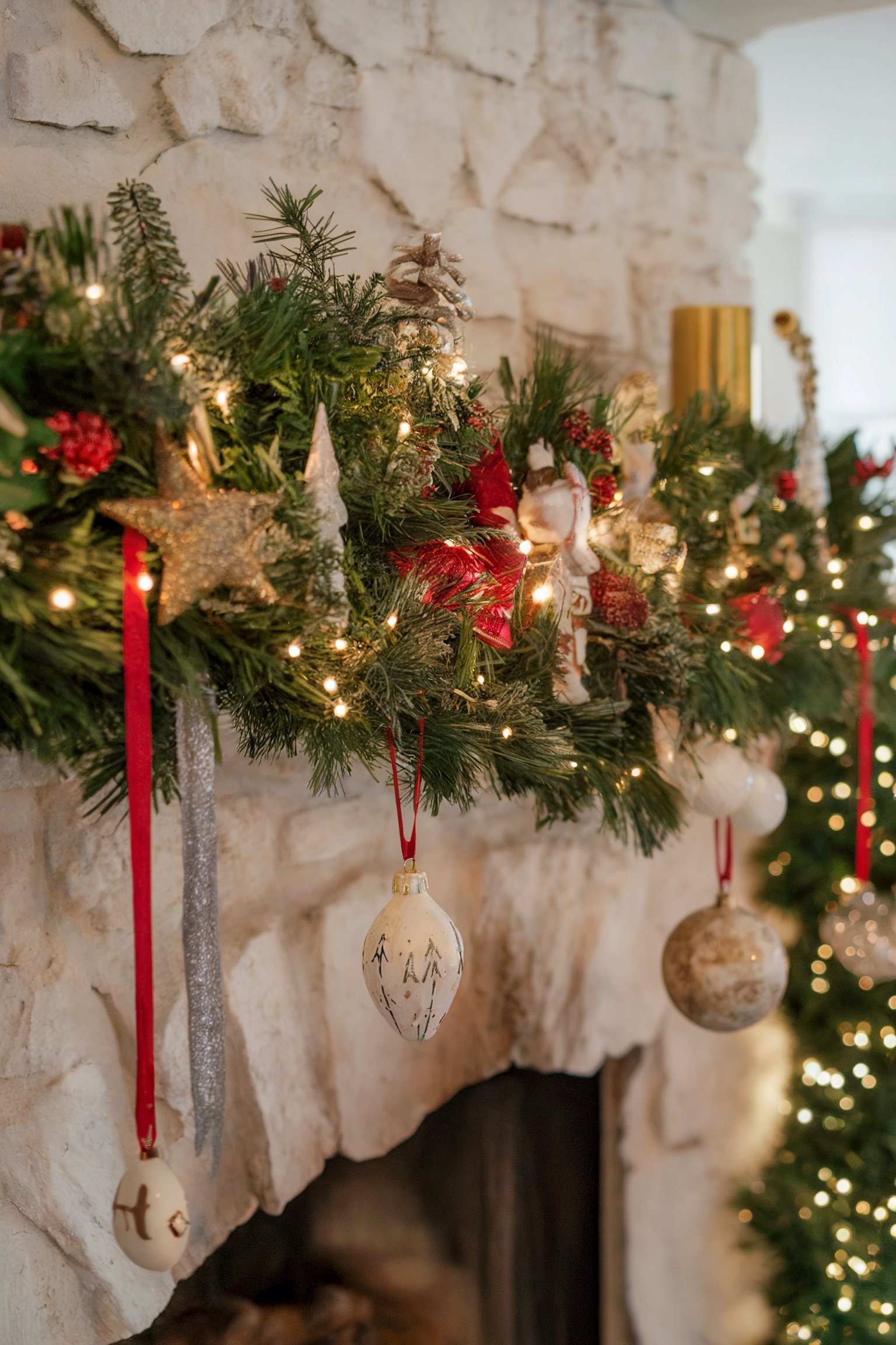 Stone fireplace mantel adorned with lush greenery, red ribbons, ornaments, and hanging glass baubles, with a Christmas tree in the background