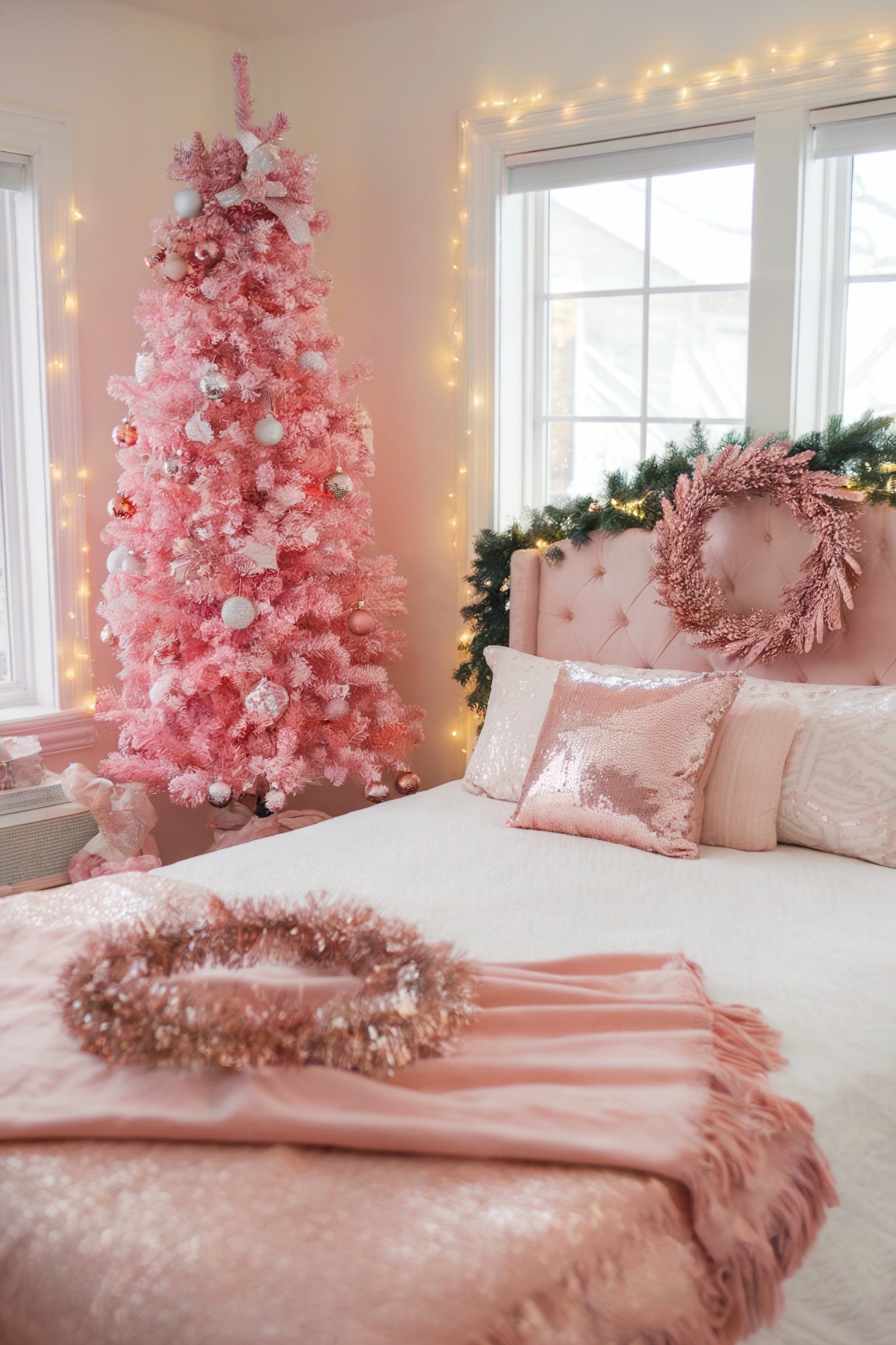 A festive bedroom featuring a pink Christmas tree, matching pink pillows, and garlands, creating a whimsical holiday look