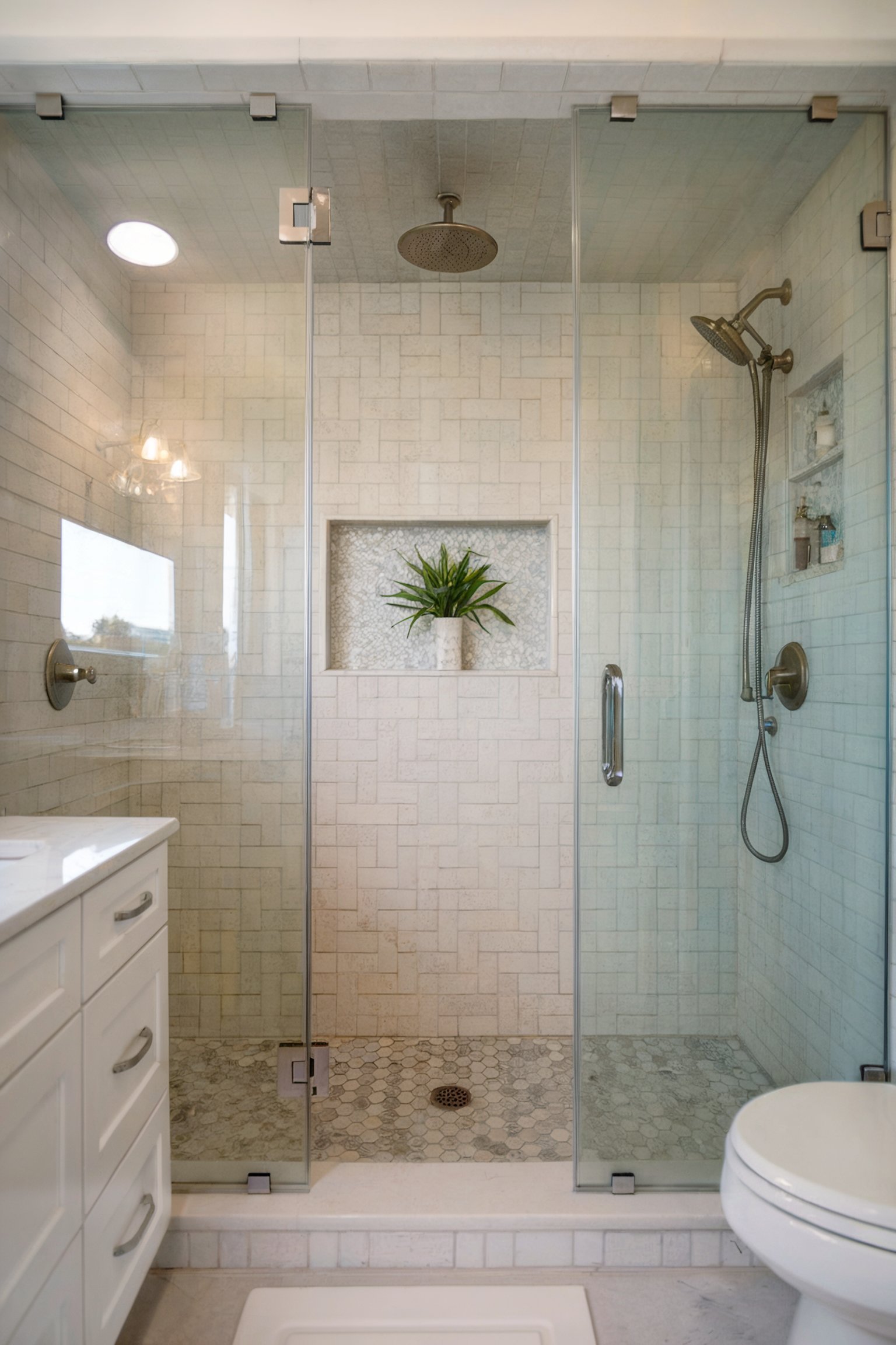 A modern glass shower with white tile walls and a built-in plant shelf