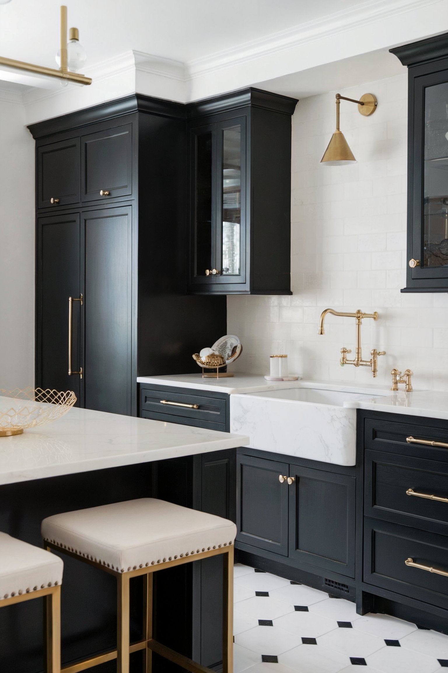 Elegant kitchen with black cabinetry, brass accents, a white farmhouse sink, and a marble countertop