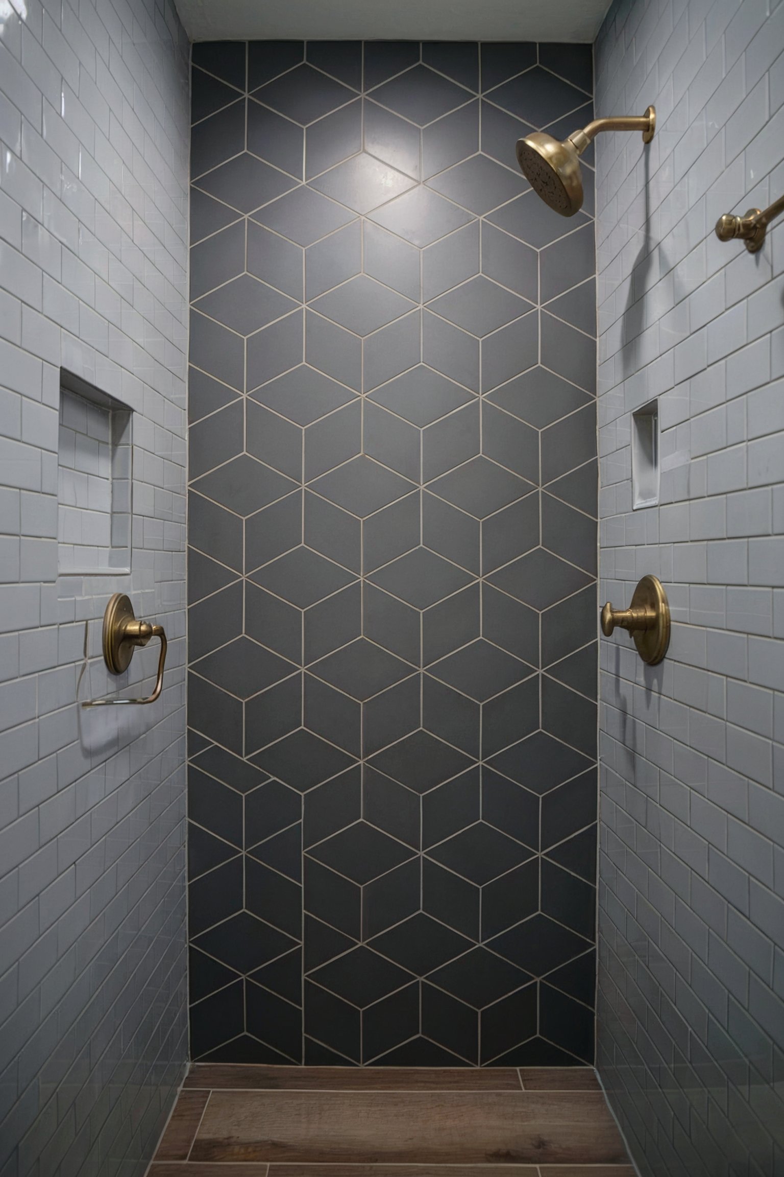 A modern shower with large hexagonal tiles in gray, white subway tiles, and gold fixtures